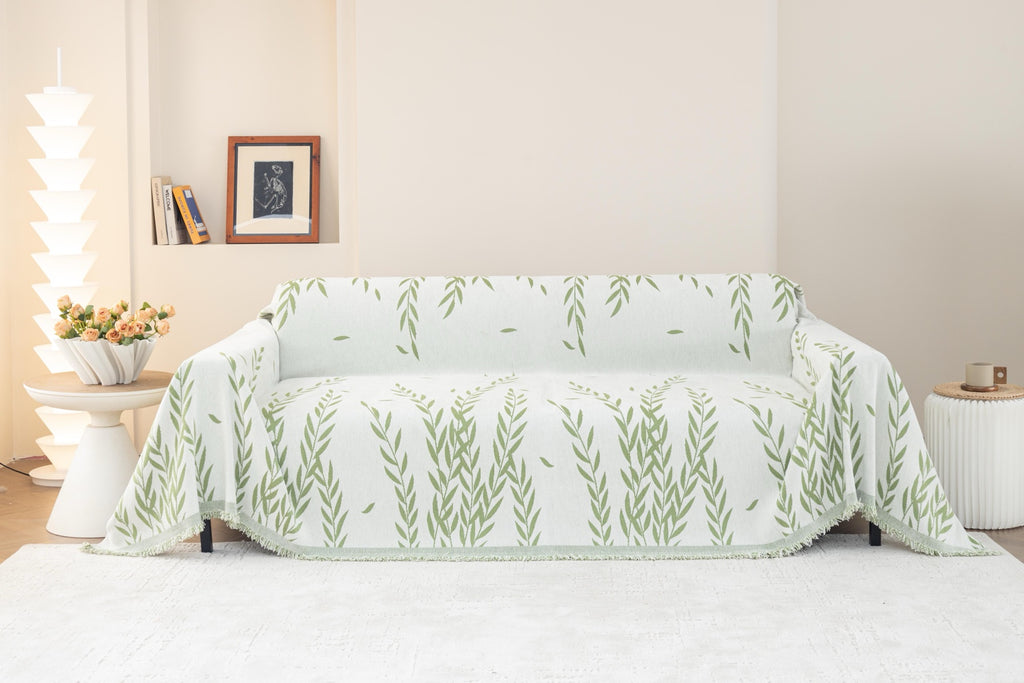 Sofa Decor Oliva Leaf Fringe Sofa Throw Cover in Sage Leaf - leaf pattern sofa throw cover full sofa styling in Australia, image 13