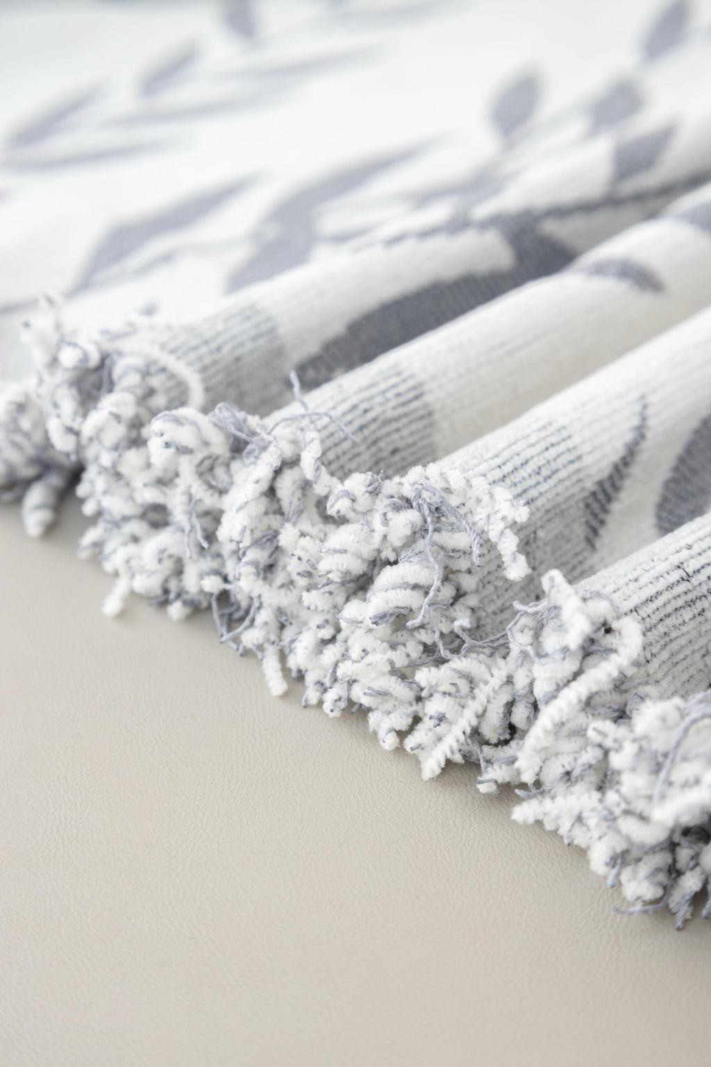 Sofa Decor Oliva Leaf Fringe Sofa Throw Cover in Silver Leaf - leaf pattern sofa throw cover fabric and edge detail in Australia, image 14
