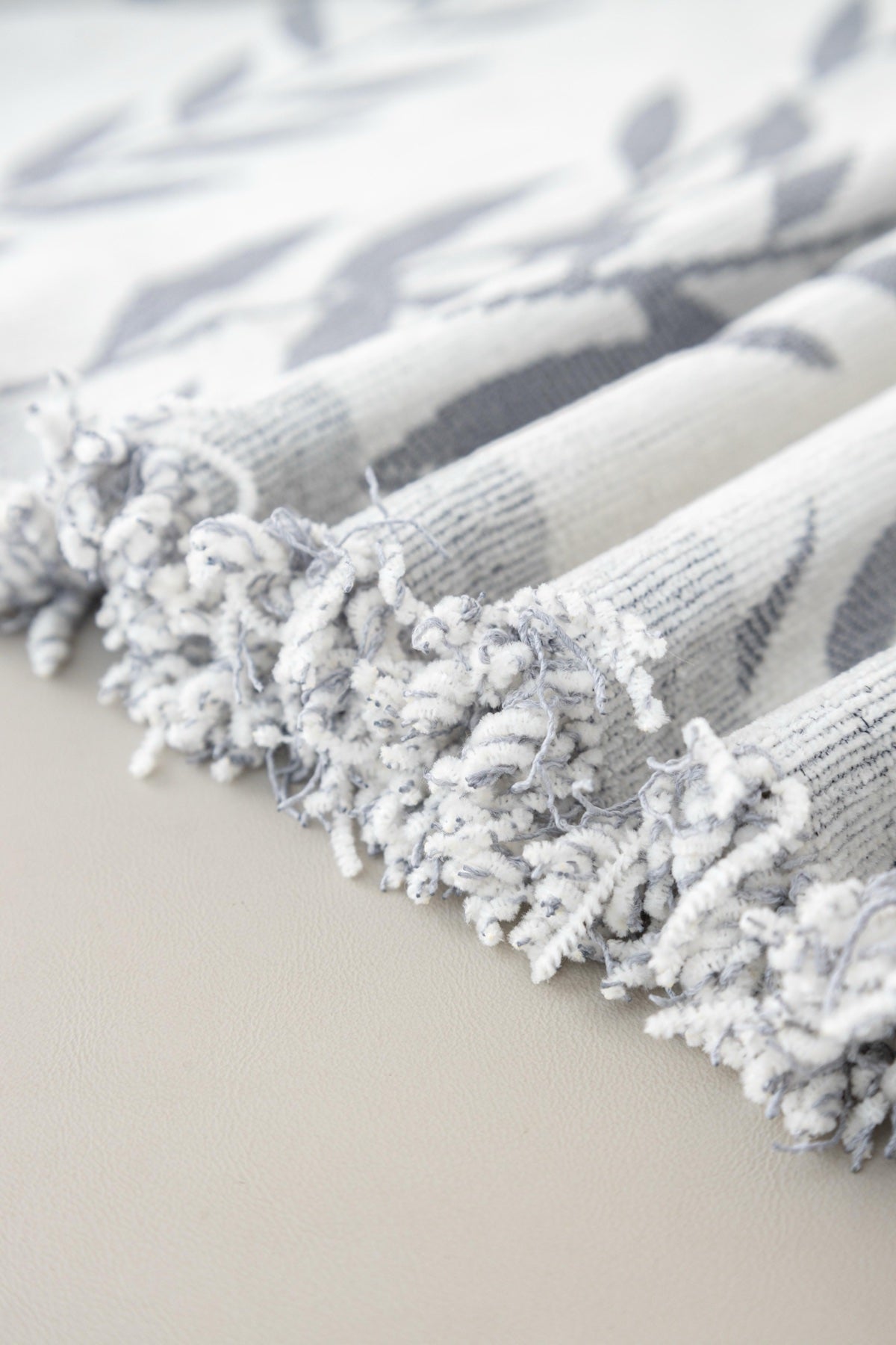 Sofa Decor Oliva Leaf Fringe Sofa Throw Cover in Silver Leaf - leaf pattern sofa throw cover fabric and edge detail in Australia, image 14