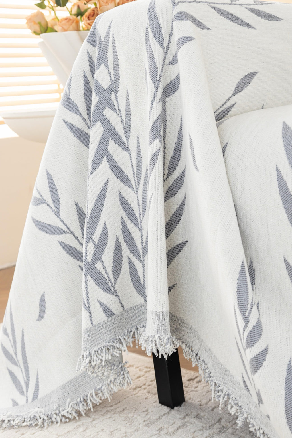 Sofa Decor Oliva Leaf Fringe Sofa Throw Cover in Silver Leaf - leaf pattern sofa throw cover styled couch cover in Australia, image 19