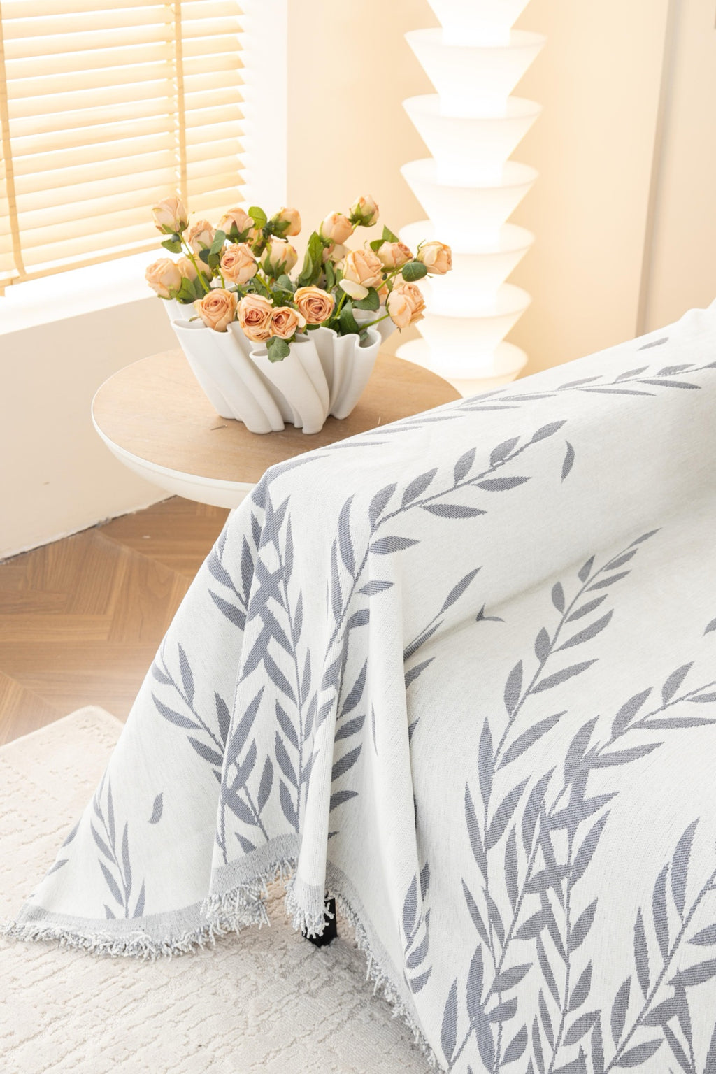 Sofa Decor Oliva Leaf Fringe Sofa Throw Cover in Silver Leaf - leaf pattern sofa throw cover styled couch cover in Australia, image 20