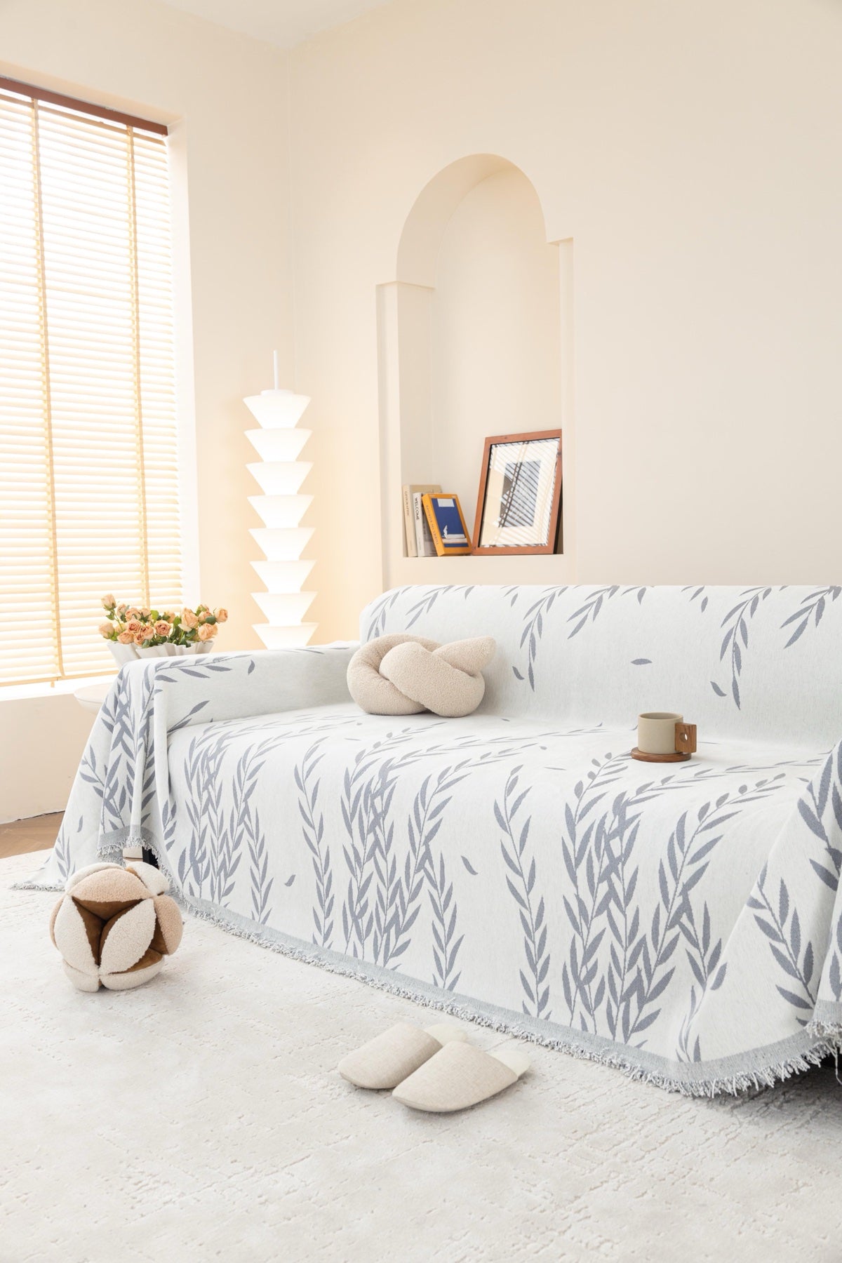 Sofa Decor Oliva Leaf Fringe Sofa Throw Cover in Silver Leaf - leaf pattern sofa throw cover styled couch cover in Australia, image 23