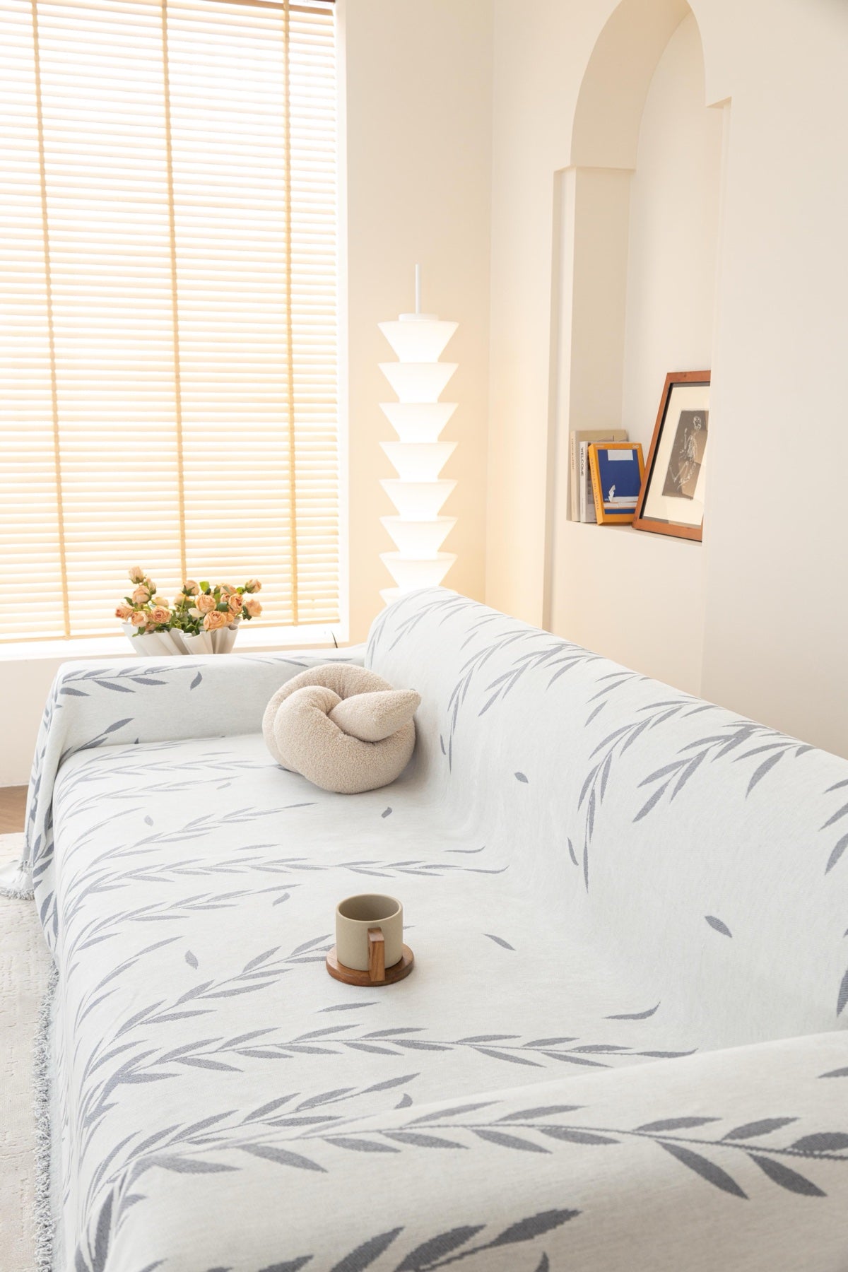 Sofa Decor Oliva Leaf Fringe Sofa Throw Cover in Silver Leaf - leaf pattern sofa throw cover styled couch cover in Australia, image 24