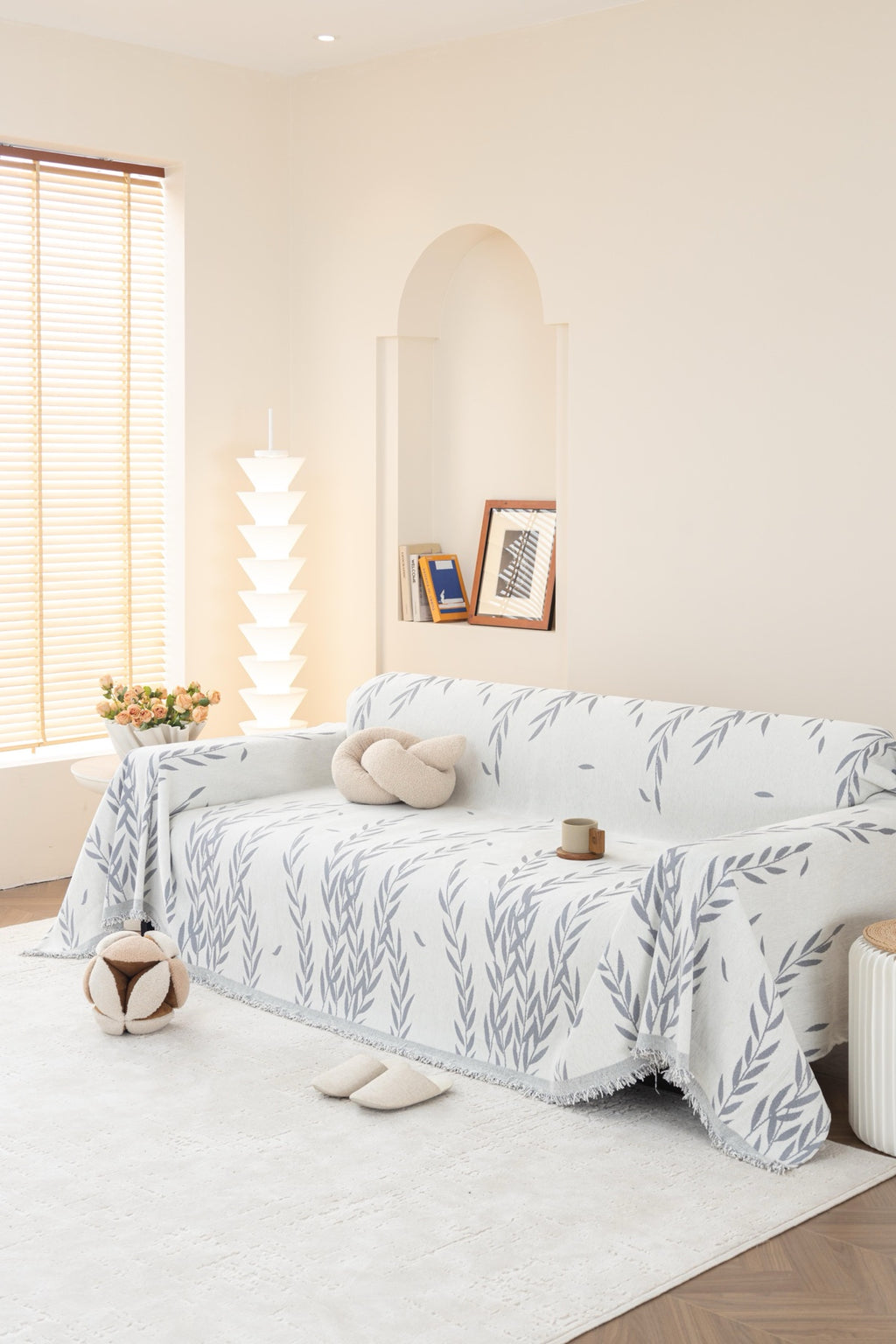 Sofa Decor Oliva Leaf Fringe Sofa Throw Cover in Silver Leaf - leaf pattern sofa throw cover styled couch cover in Australia, image 26