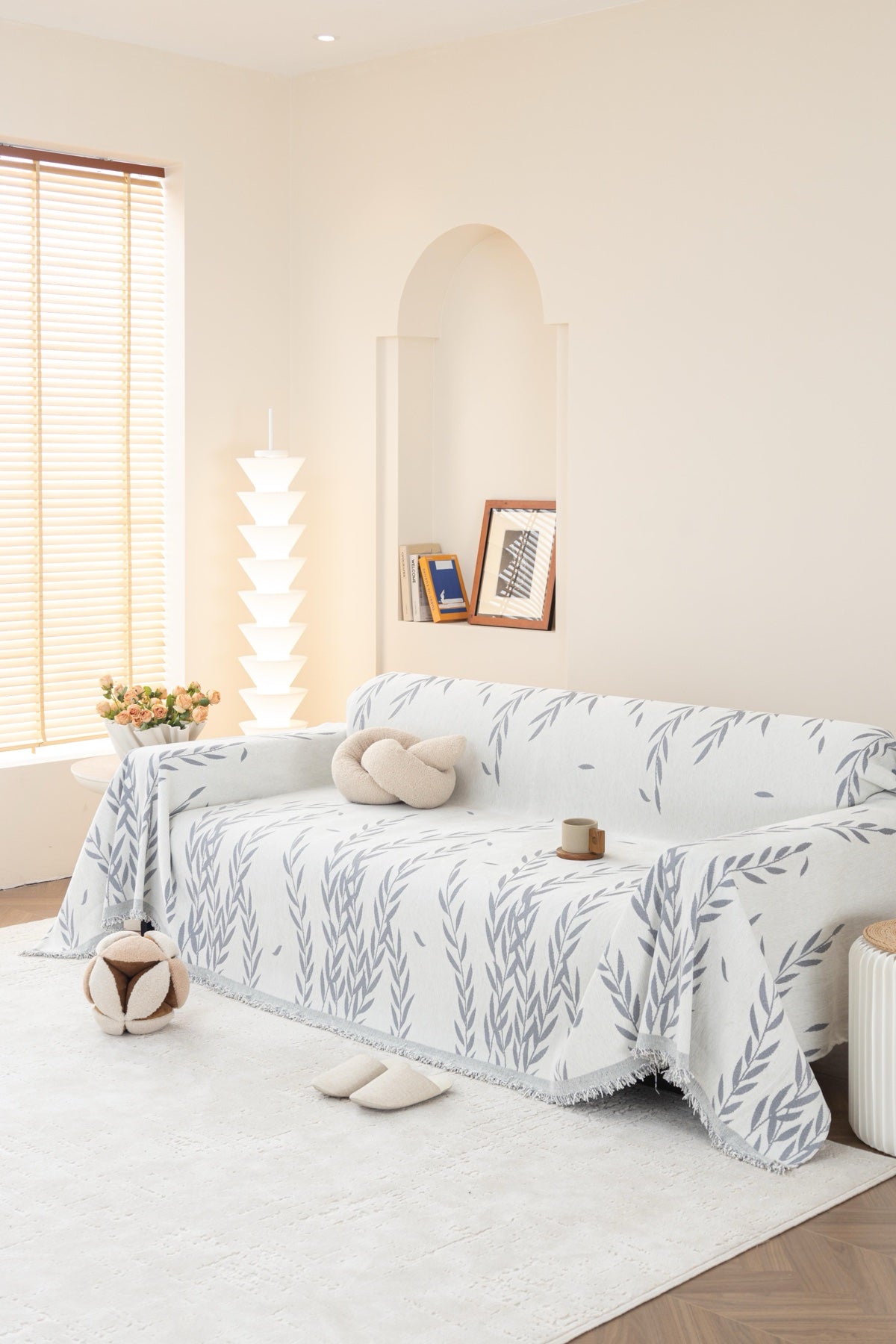 Sofa Decor Oliva Leaf Fringe Sofa Throw Cover in Silver Leaf - leaf pattern sofa throw cover styled couch cover in Australia, image 26