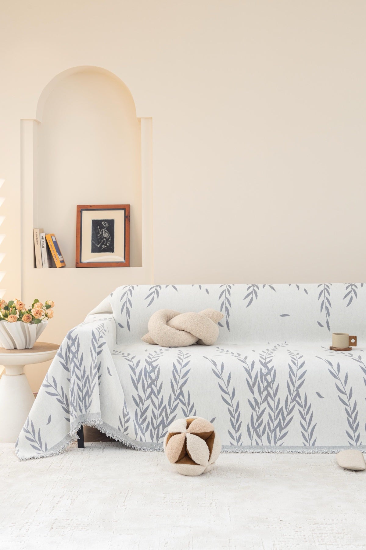 Sofa Decor Oliva Leaf Fringe Sofa Throw Cover in Silver Leaf - leaf pattern sofa throw cover styled couch cover in Australia, image 27