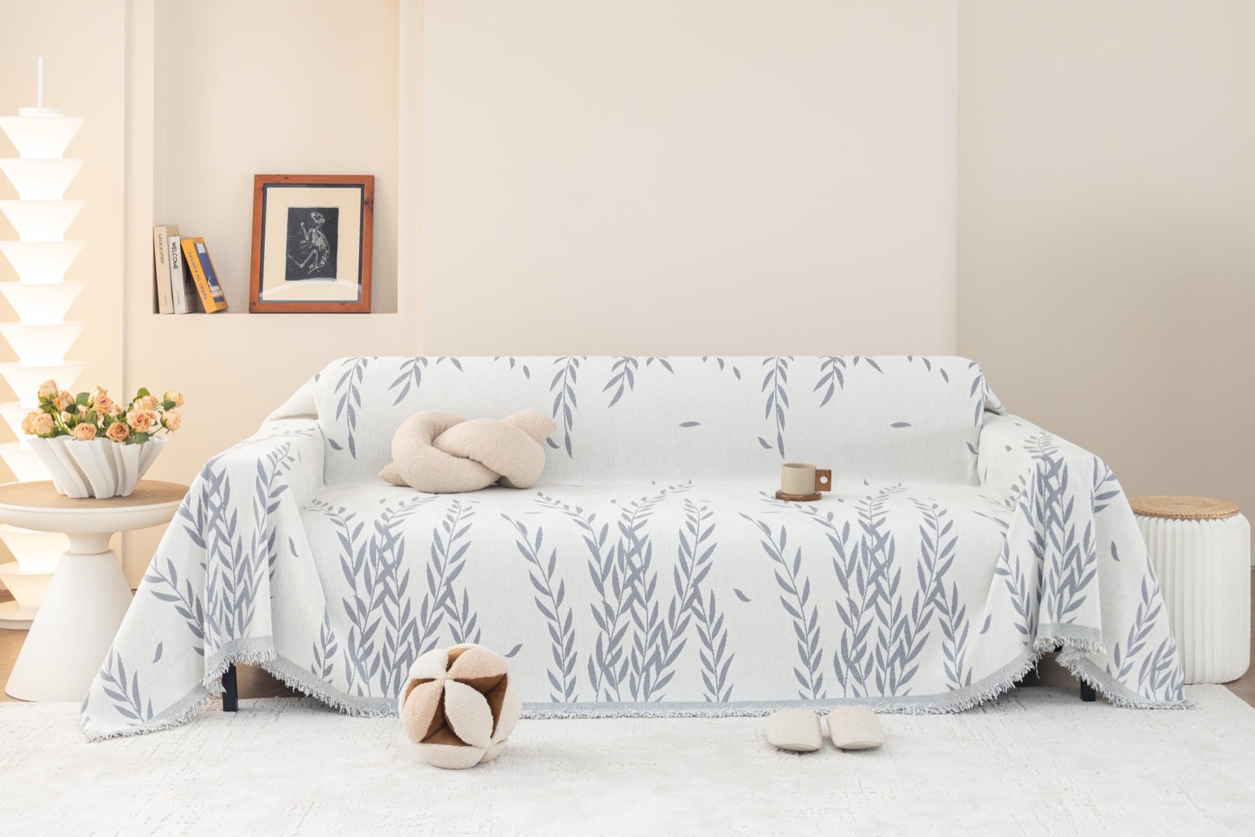 Sofa Decor Oliva Leaf Fringe Sofa Throw Cover in Silver Leaf - leaf pattern sofa throw cover full sofa styling in Australia, image 28