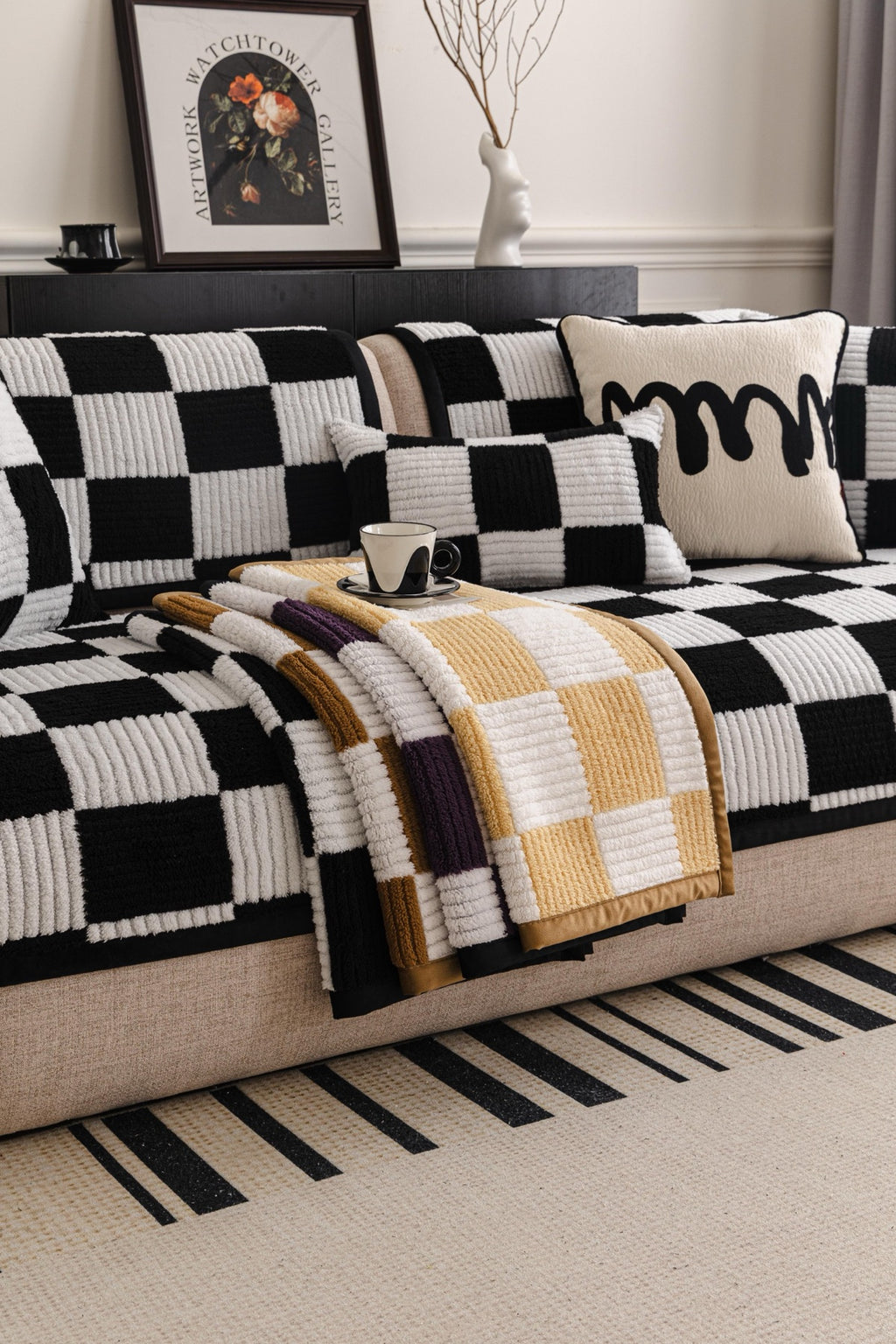 Sofa Decor Palermo Checker Chenille Sofa Cover Piece in Black Cream - layered piece styling view for checker chenille sofa cover pieces in Australia, image 65