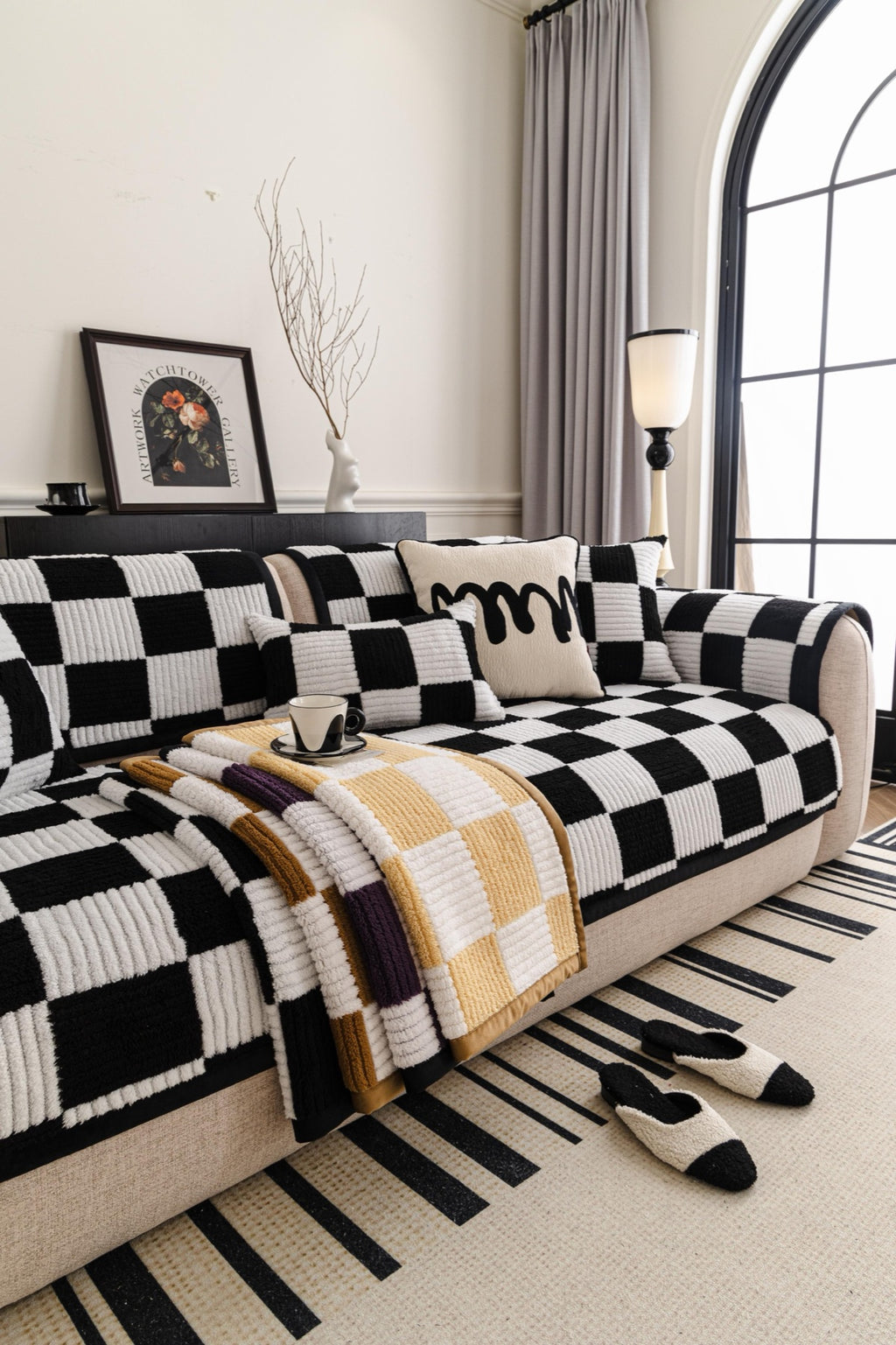 Sofa Decor Palermo Checker Chenille Sofa Cover Piece in Black Cream - layered piece styling view for checker chenille sofa cover pieces in Australia, image 66