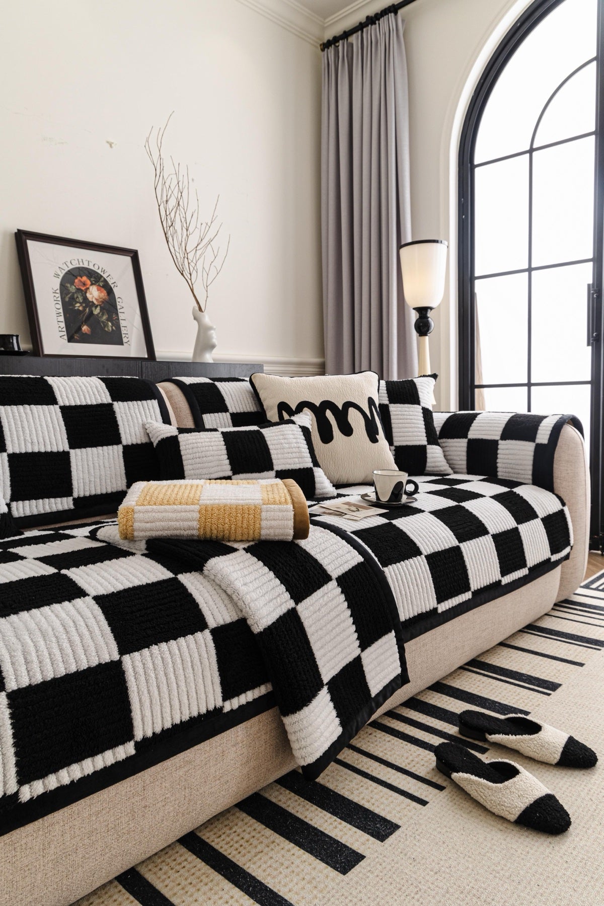Sofa Decor Palermo Checker Chenille Sofa Cover Piece in Black Cream - layered piece styling view for checker chenille sofa cover pieces in Australia, image 67