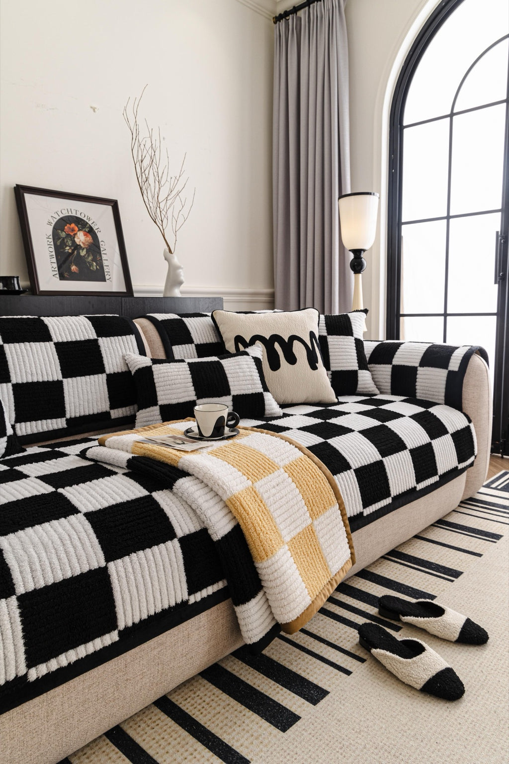 Sofa Decor Palermo Checker Chenille Sofa Cover Piece in Black Cream - layered piece styling view for checker chenille sofa cover pieces in Australia, image 68