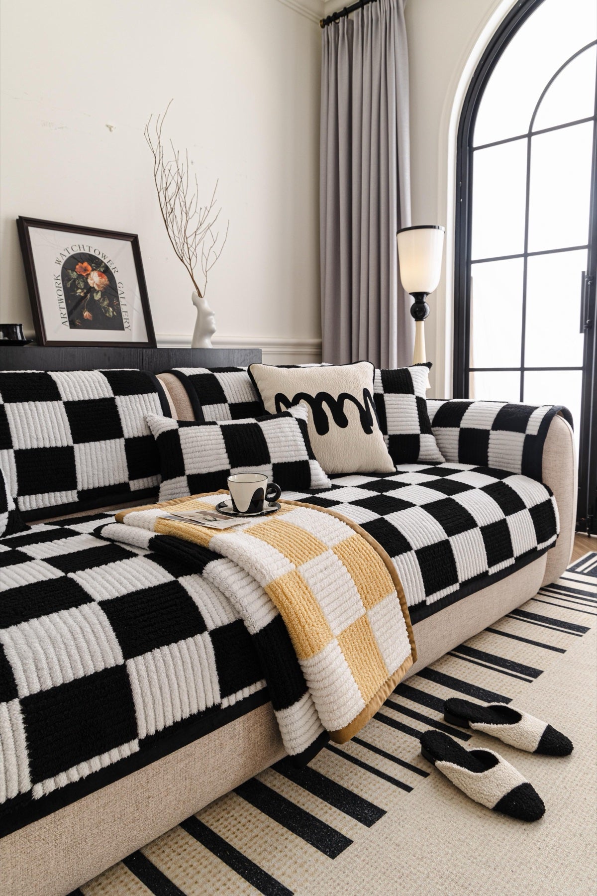 Sofa Decor Palermo Checker Chenille Sofa Cover Piece in Black Cream - layered piece styling view for checker chenille sofa cover pieces in Australia, image 68