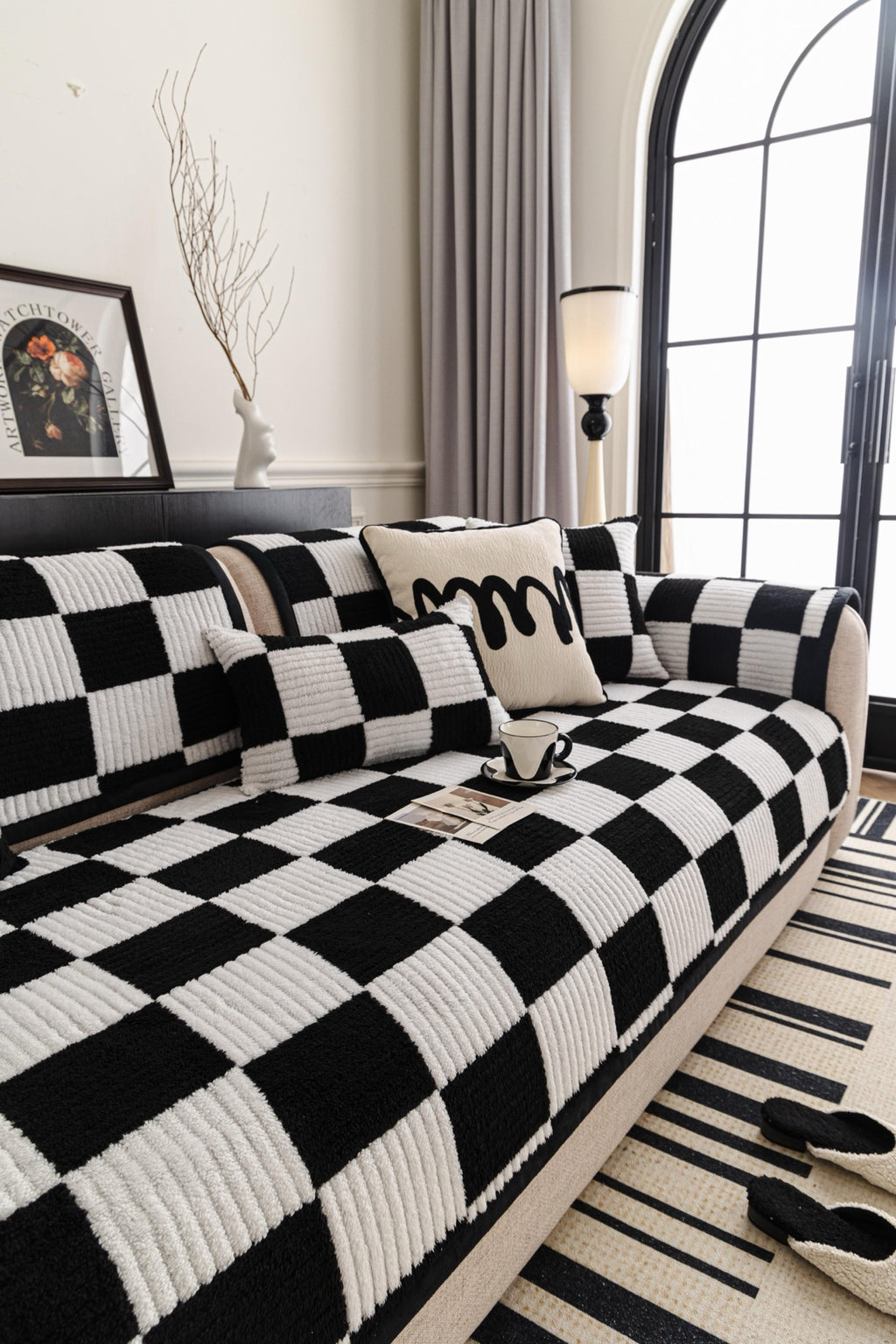 Sofa Decor Palermo Checker Chenille Sofa Cover Piece in Black Cream - styled checker sofa cover piece for checker chenille sofa cover pieces in Australia, image 59