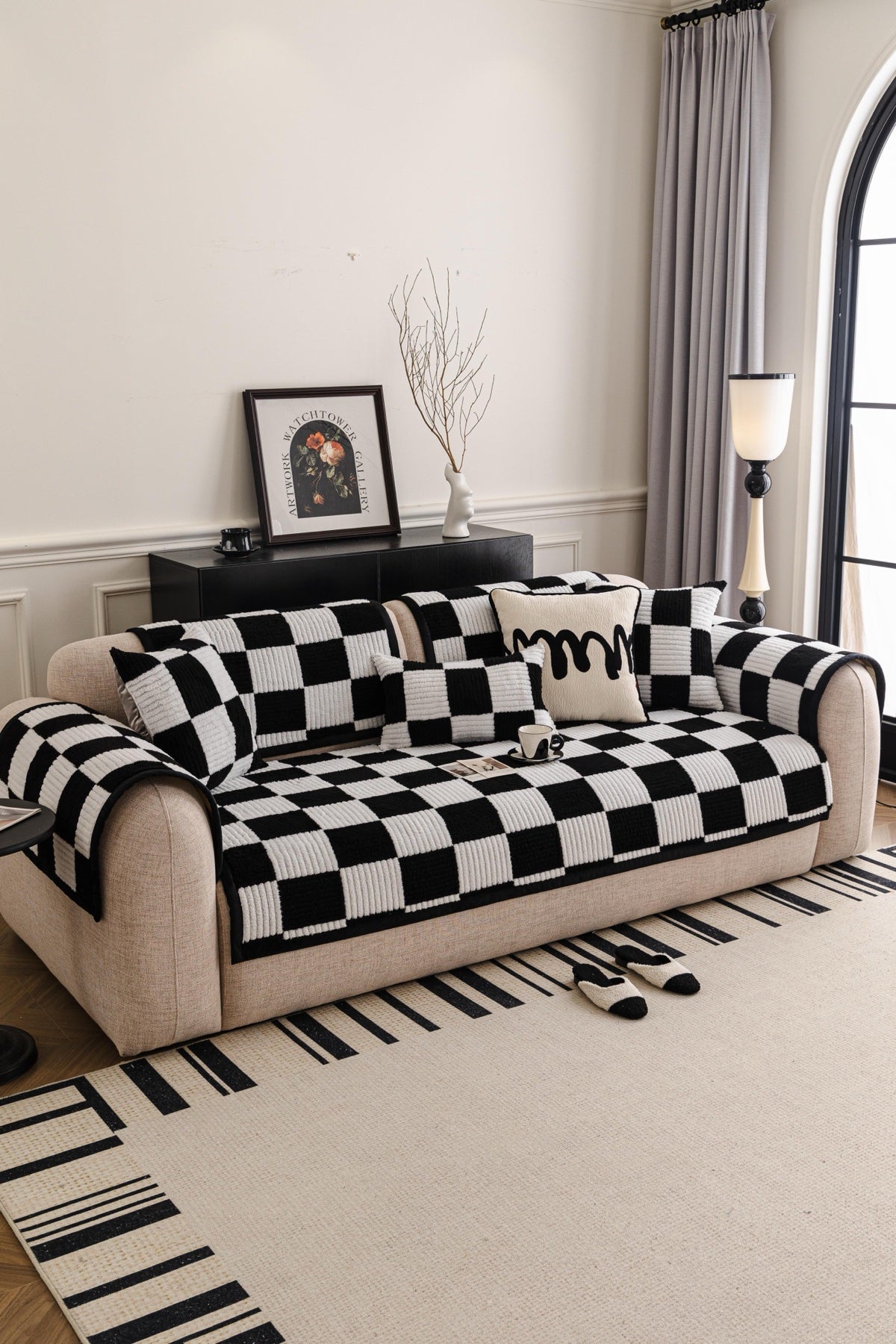 Sofa Decor Palermo Checker Chenille Sofa Cover Piece in Black Cream - front sofa fit view for checker chenille sofa cover pieces in Australia, image 56