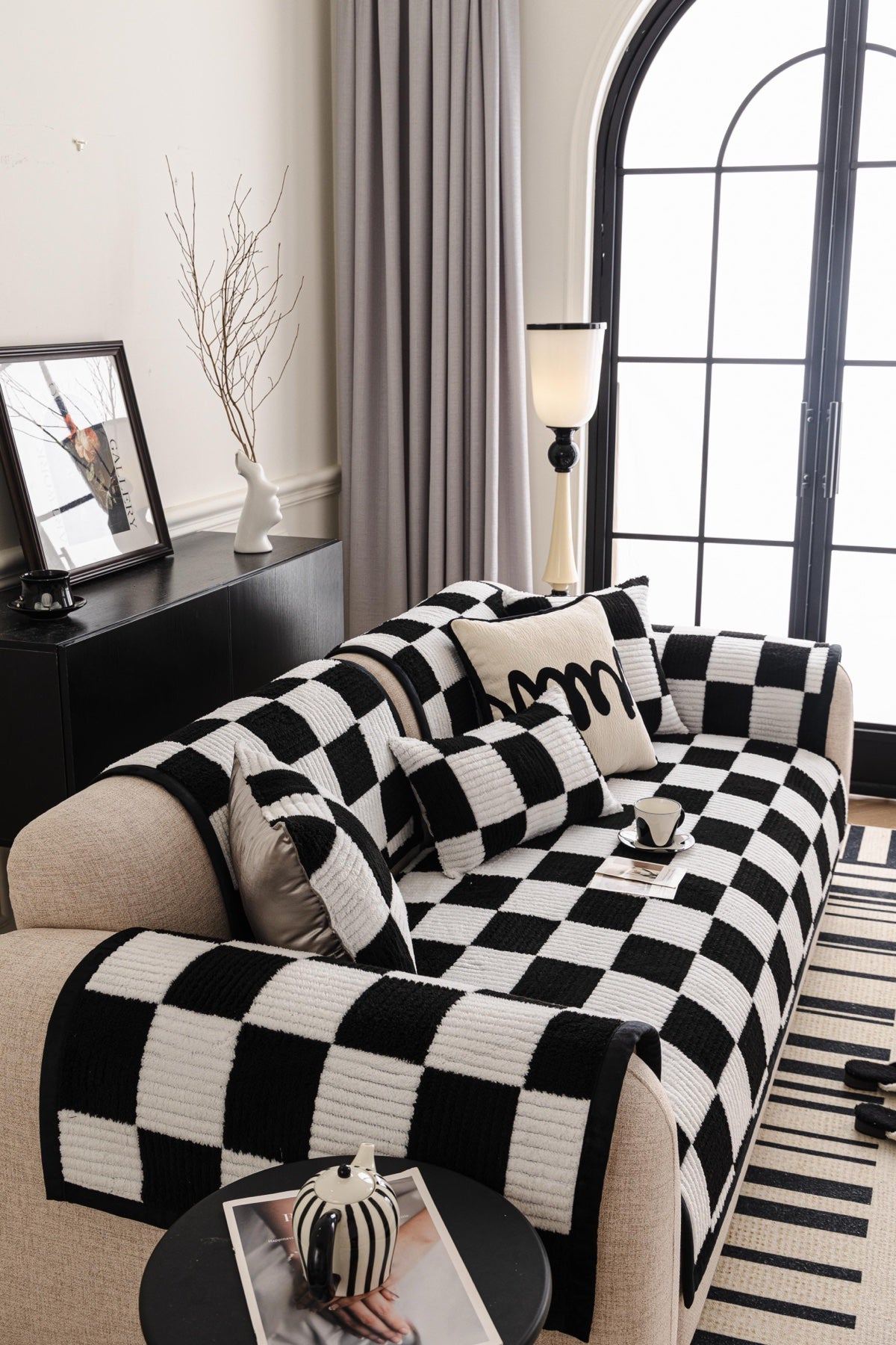 Sofa Decor Palermo Checker Chenille Sofa Cover Piece in Black Cream - styled checker sofa cover piece for checker chenille sofa cover pieces in Australia, image 61