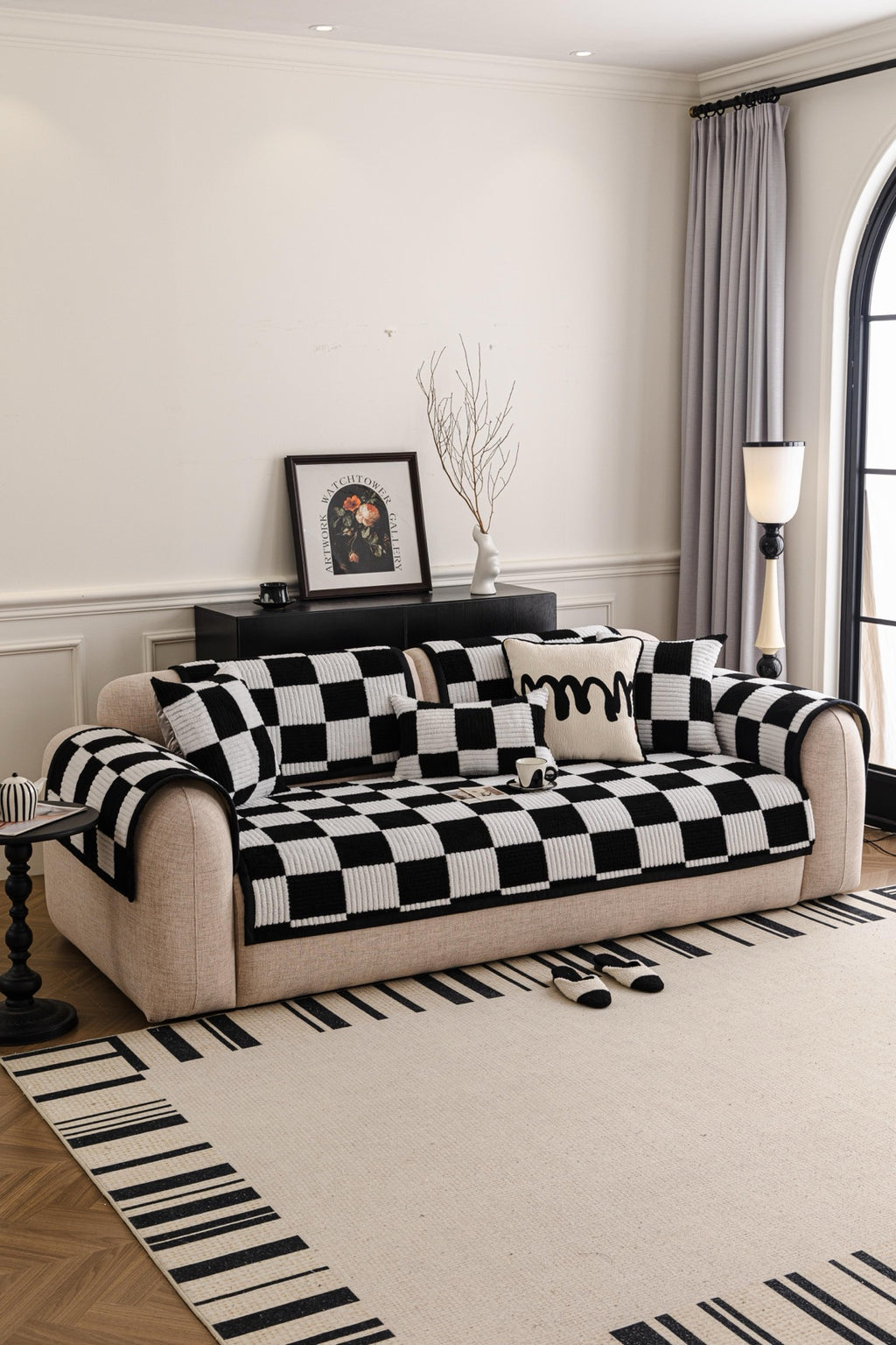 Sofa Decor Palermo Checker Chenille Sofa Cover Piece in Black Cream - styled checker sofa cover piece for checker chenille sofa cover pieces in Australia, image 62