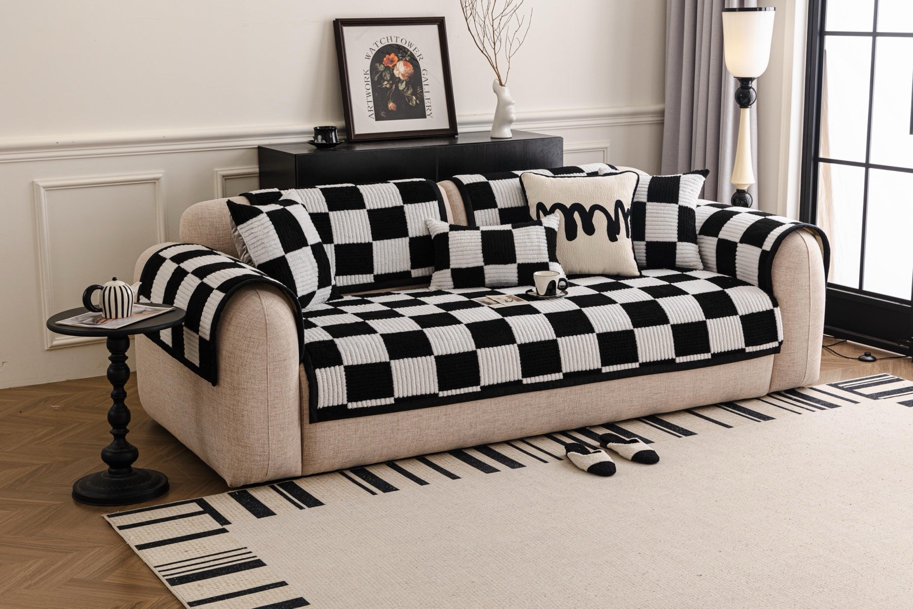 Sofa Decor Palermo Checker Chenille Sofa Cover Piece in Black Cream - front sofa fit view for checker chenille sofa cover pieces in Australia, image 57