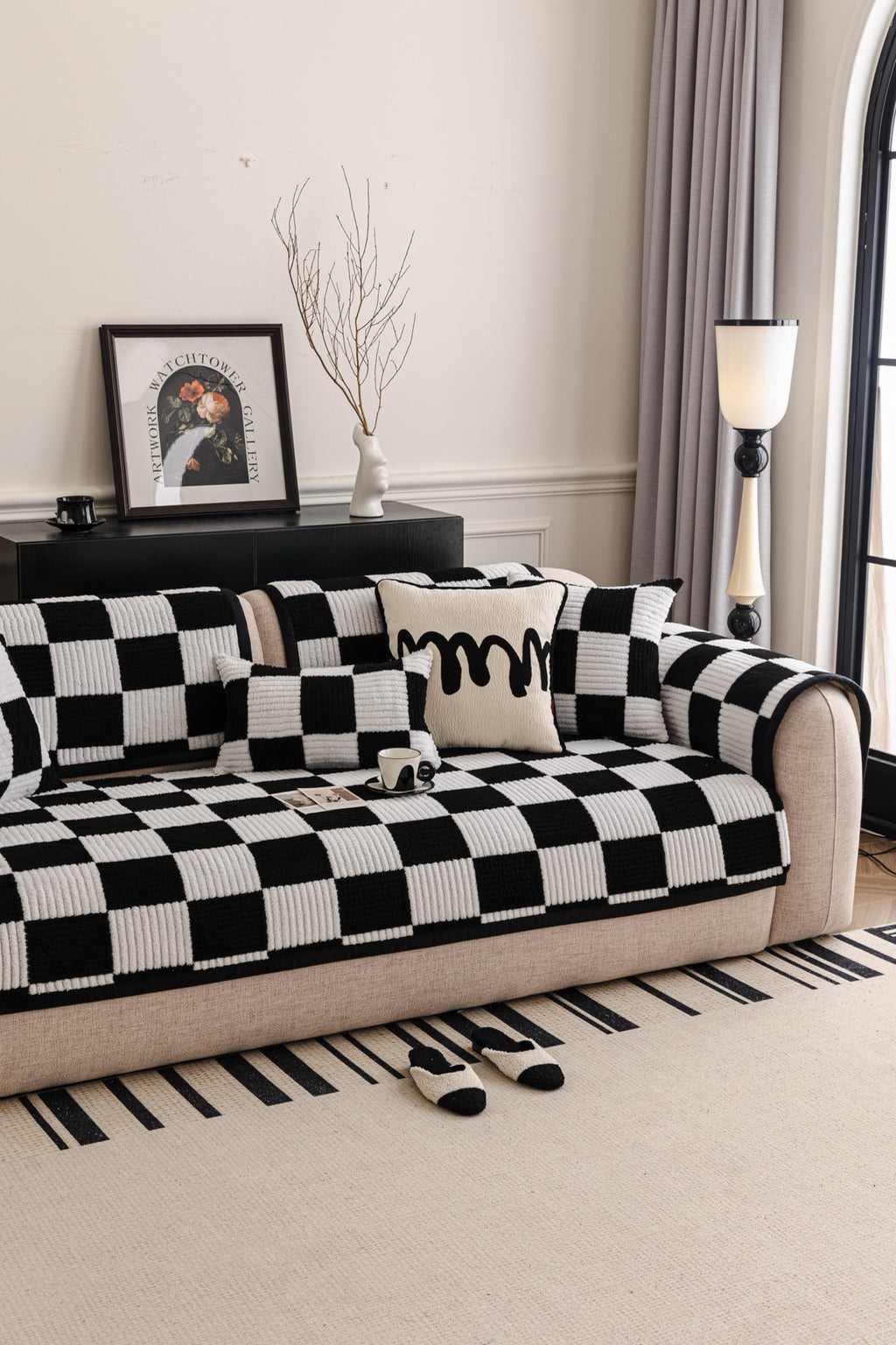 Sofa Decor Palermo Checker Chenille Sofa Cover Piece in Black Cream - styled checker sofa cover piece for checker chenille sofa cover pieces in Australia, image 63
