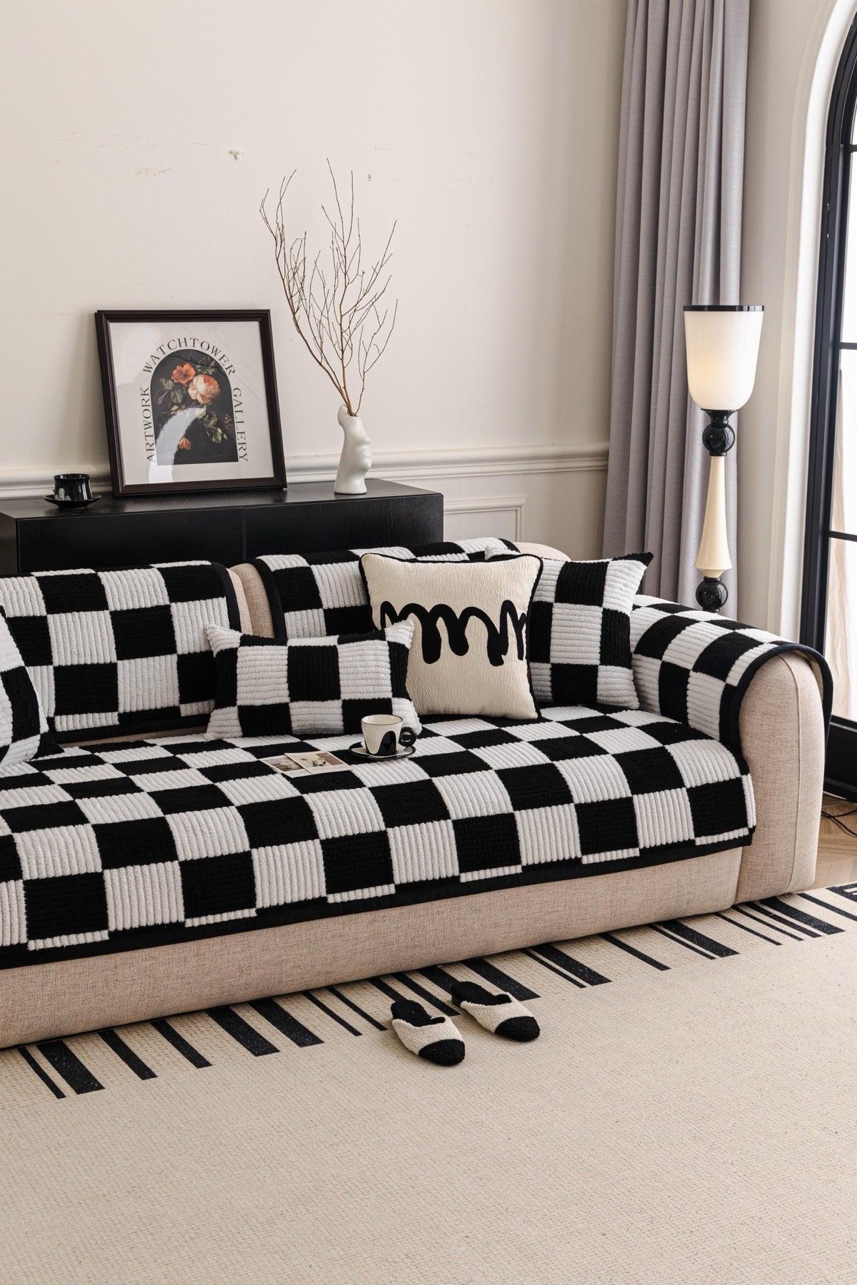 Sofa Decor Palermo Checker Chenille Sofa Cover Piece in Black Cream - styled checker sofa cover piece for checker chenille sofa cover pieces in Australia, image 63