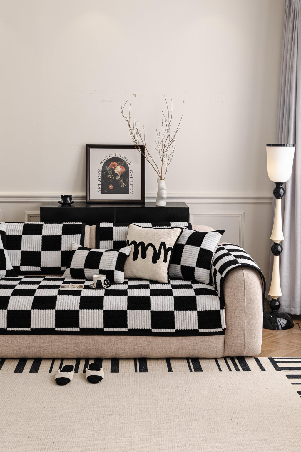Sofa Decor Palermo Checker Chenille Sofa Cover Piece in Black Cream - styled checker sofa cover piece for checker chenille sofa cover pieces in Australia, image 64