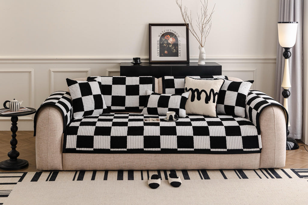 Sofa Decor Palermo Checker Chenille Sofa Cover Piece in Black Cream - front sofa fit view for checker chenille sofa cover pieces in Australia, image 58