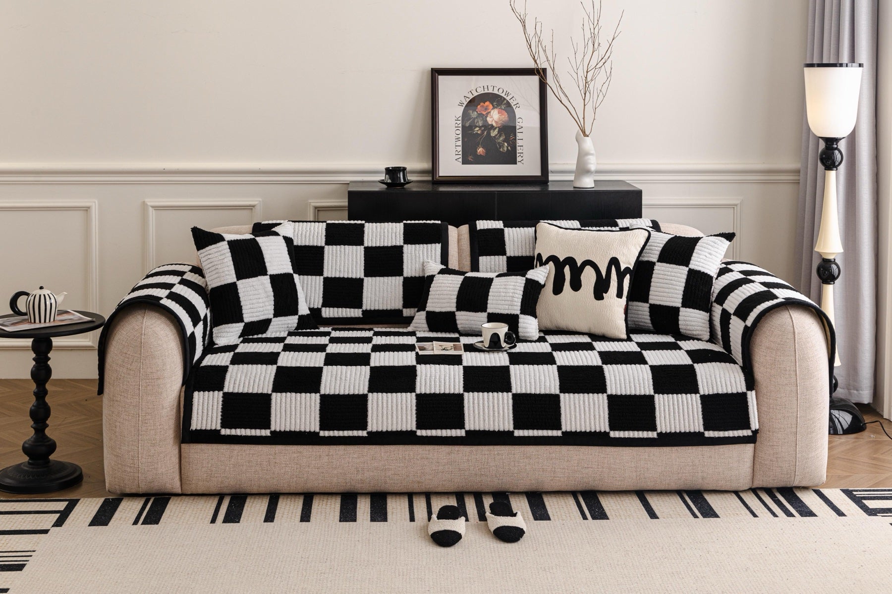 Sofa Decor Palermo Checker Chenille Sofa Cover Piece in Black Cream - front sofa fit view for checker chenille sofa cover pieces in Australia, image 58