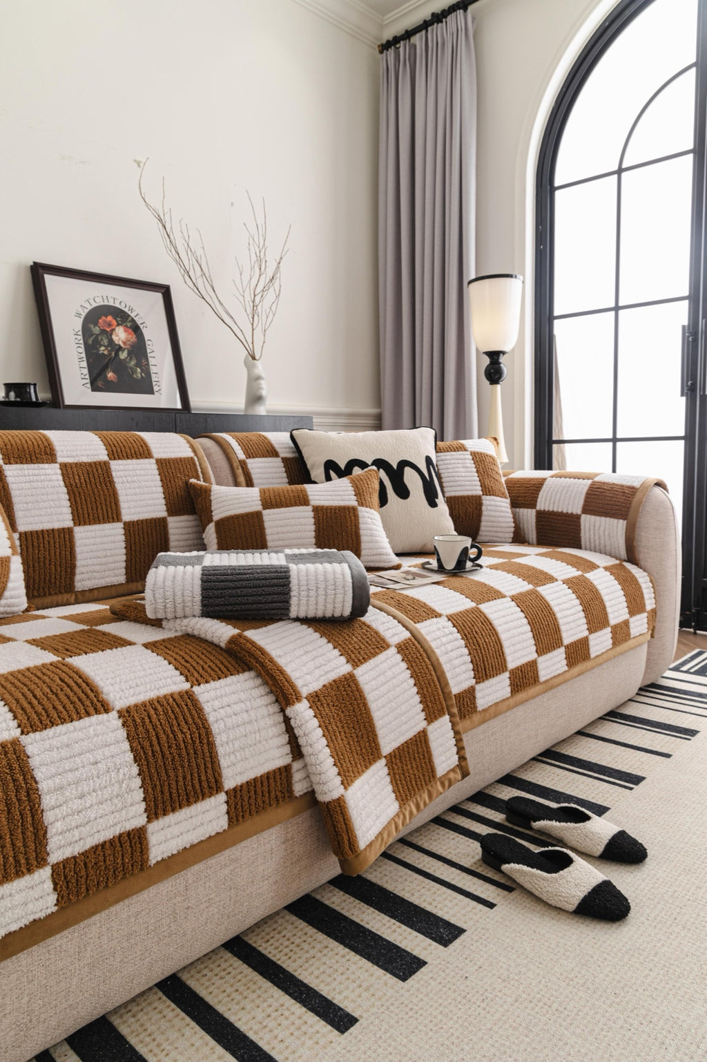 Sofa Decor Palermo Checker Chenille Sofa Cover Piece in Caramel Cream - styled checker sofa cover piece for checker chenille sofa cover pieces in Australia, image 17