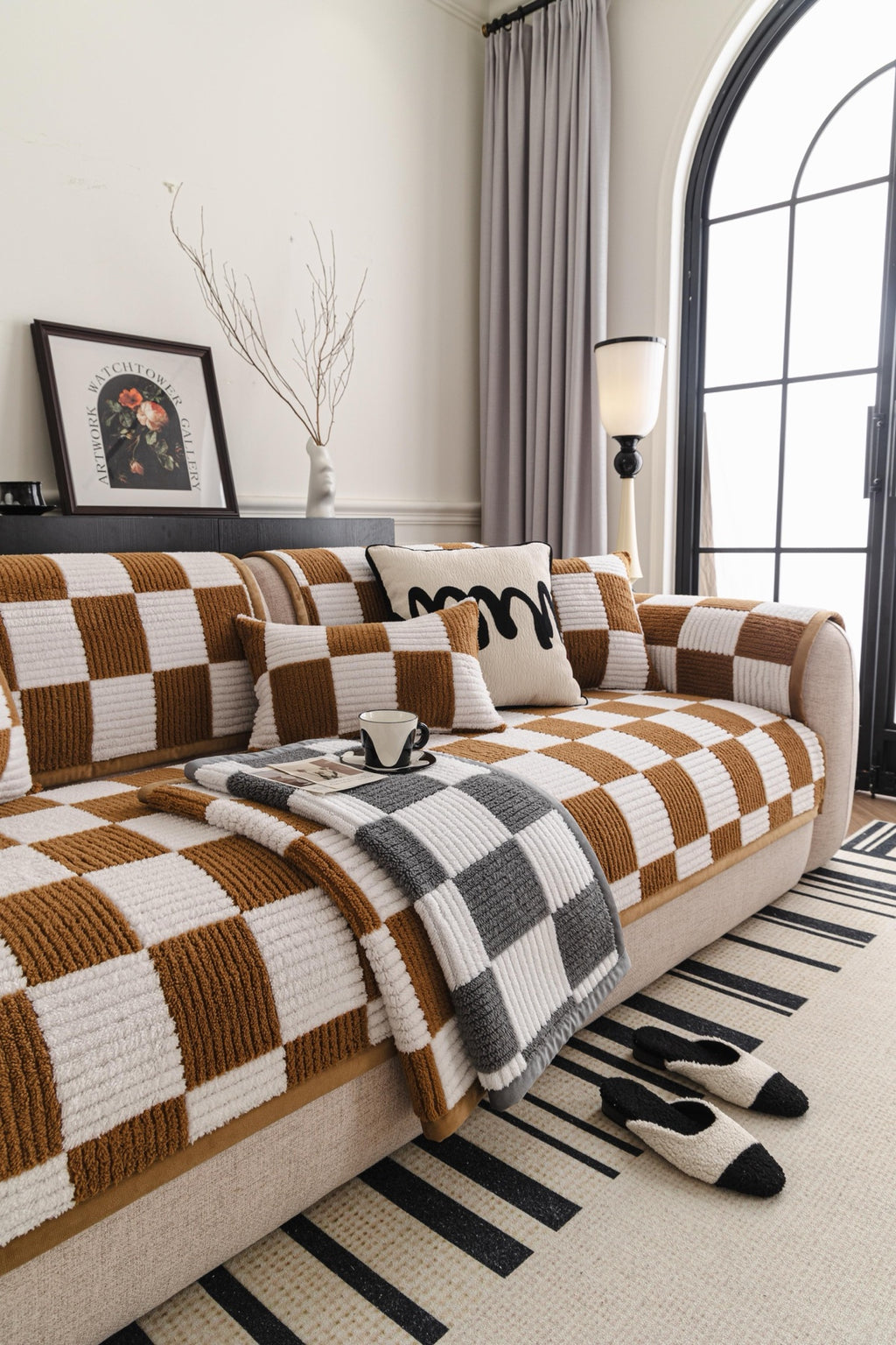 Sofa Decor Palermo Checker Chenille Sofa Cover Piece in Caramel Cream - layered piece styling view for checker chenille sofa cover pieces in Australia, image 18