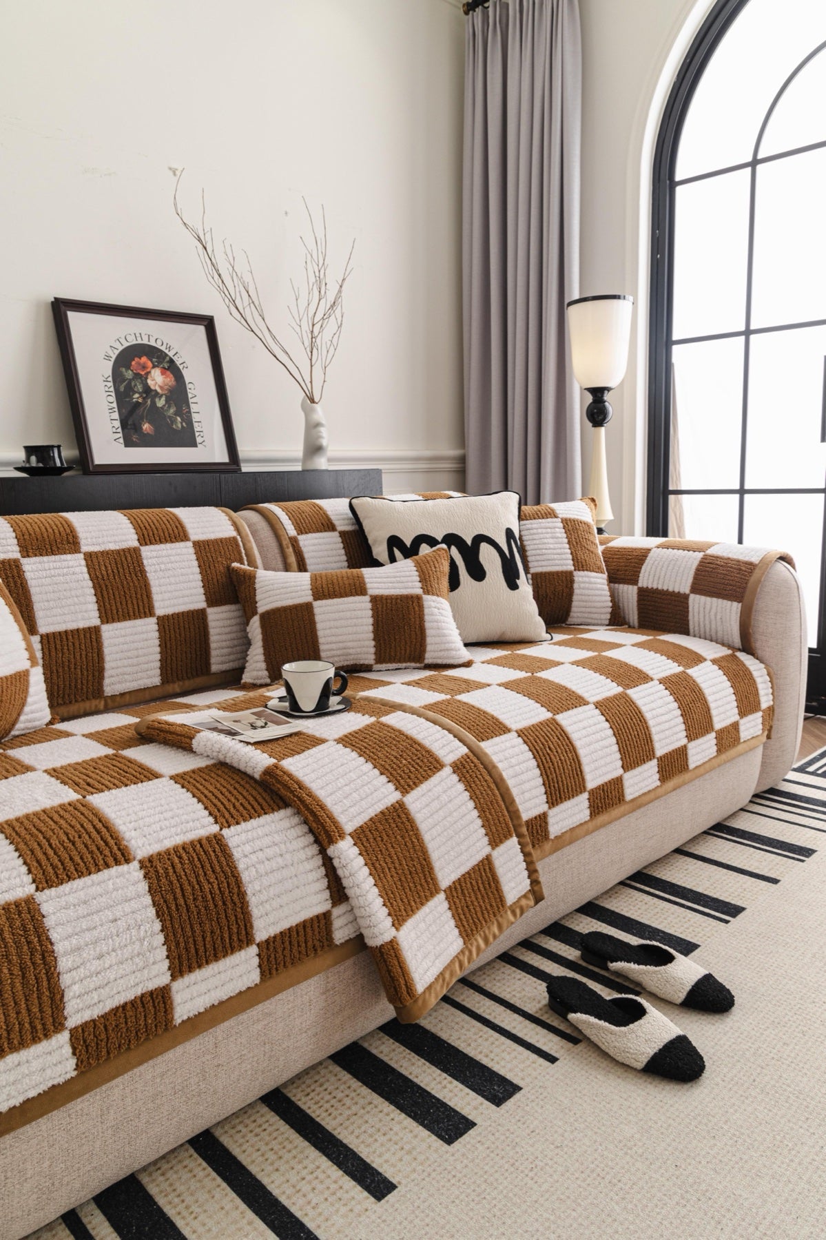 Sofa Decor Palermo Checker Chenille Sofa Cover Piece in Caramel Cream - styled checker sofa cover piece for checker chenille sofa cover pieces in Australia, image 19