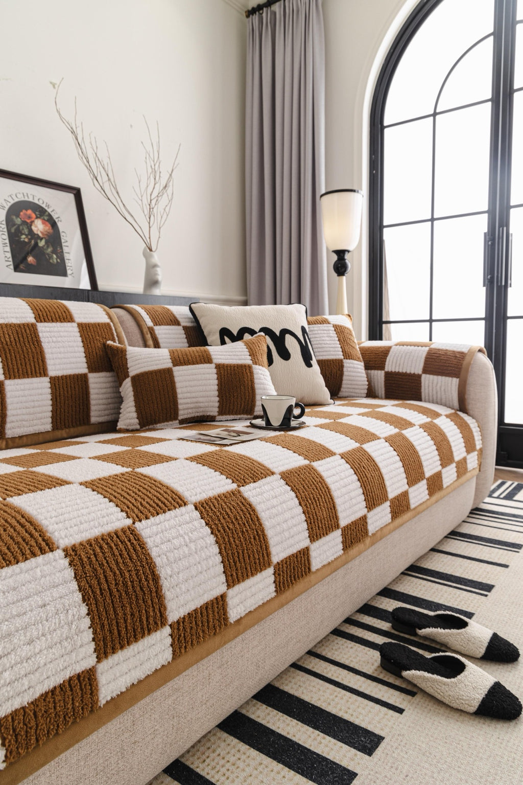 Sofa Decor Palermo Checker Chenille Sofa Cover Piece in Caramel Cream - styled checker sofa cover piece for checker chenille sofa cover pieces in Australia, image 20