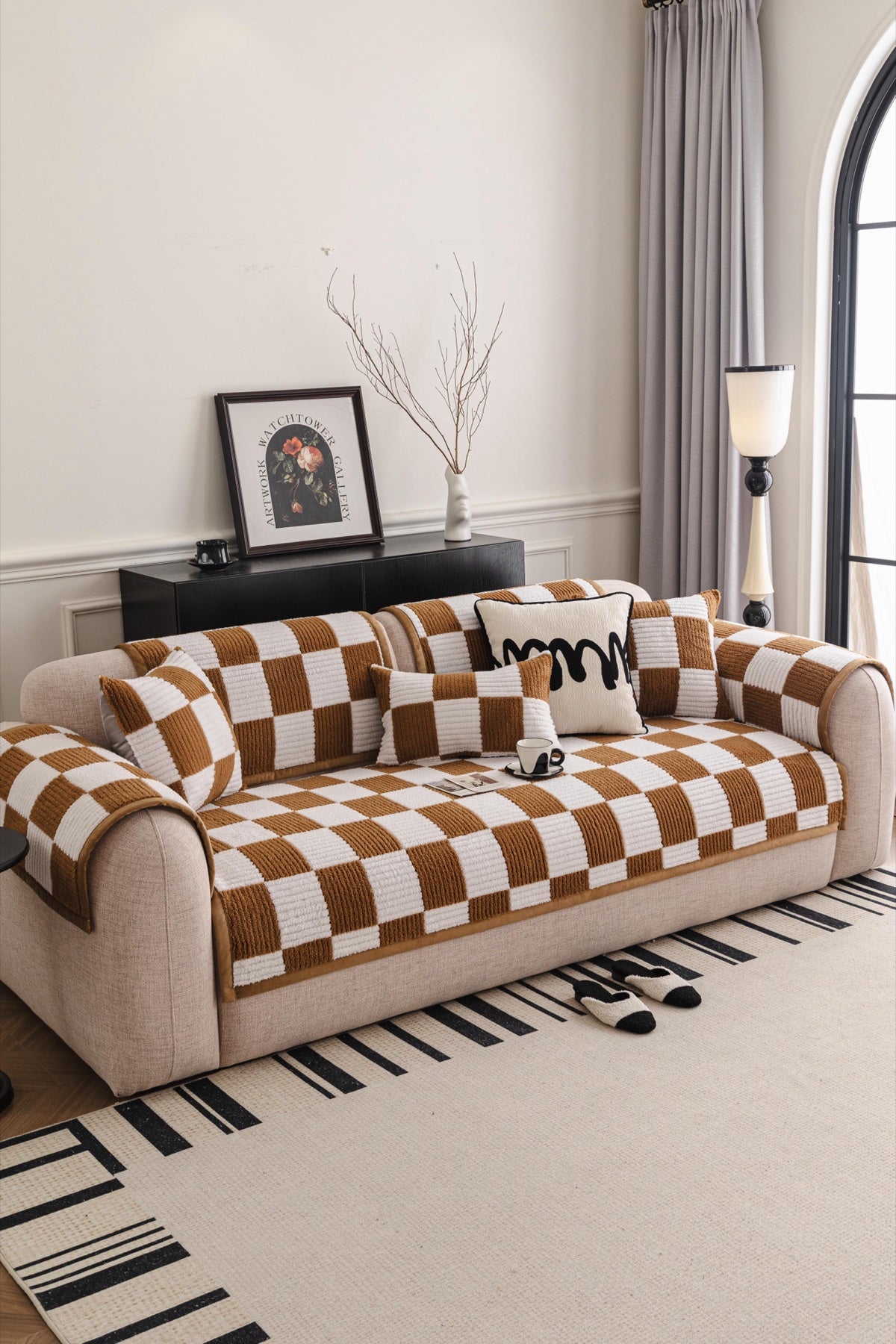 Sofa Decor Palermo Checker Chenille Sofa Cover Piece in Caramel Cream - front sofa fit view for checker chenille sofa cover pieces in Australia, image 13