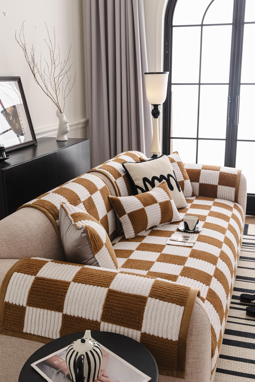 Sofa Decor Palermo Checker Chenille Sofa Cover Piece in Caramel Cream - styled checker sofa cover piece for checker chenille sofa cover pieces in Australia, image 21