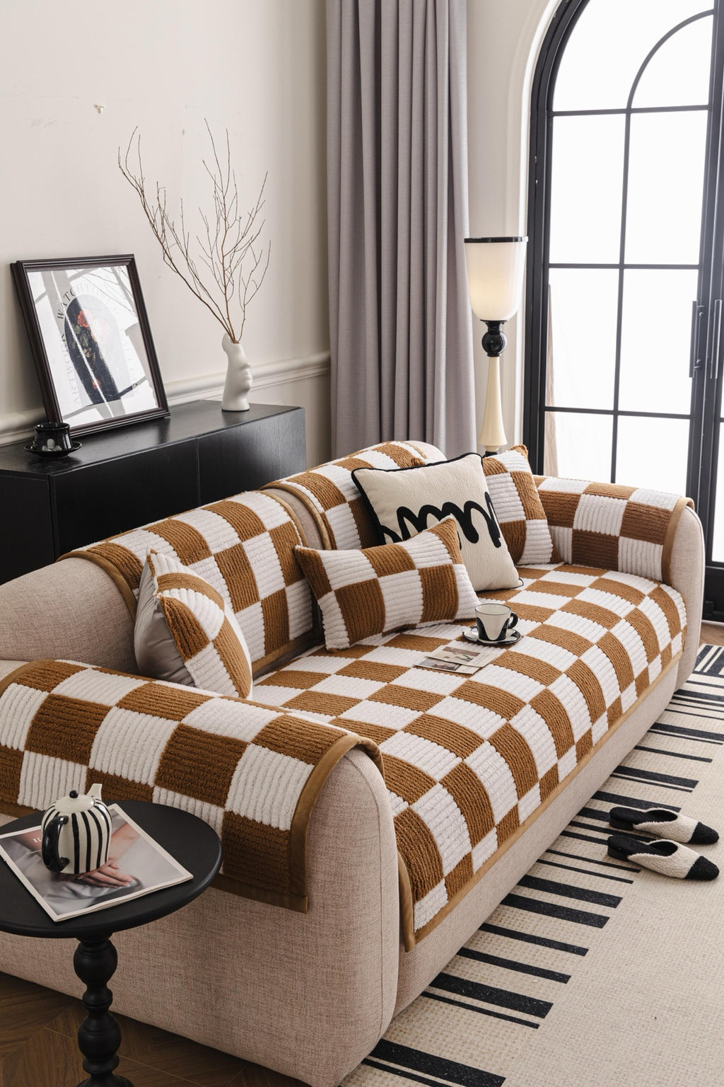 Sofa Decor Palermo Checker Chenille Sofa Cover Piece in Caramel Cream - styled checker sofa cover piece for checker chenille sofa cover pieces in Australia, image 22