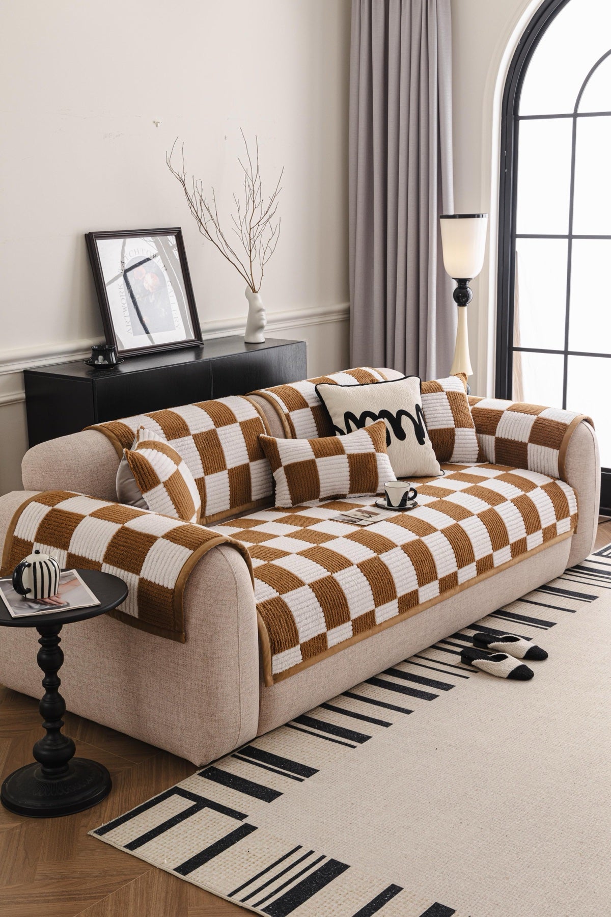 Sofa Decor Palermo Checker Chenille Sofa Cover Piece in Caramel Cream - styled checker sofa cover piece for checker chenille sofa cover pieces in Australia, image 14