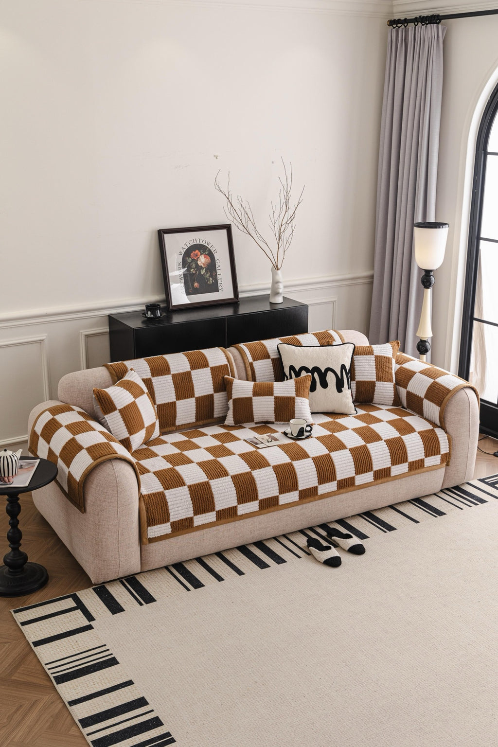 Sofa Decor Palermo Checker Chenille Sofa Cover Piece in Caramel Cream - styled checker sofa cover piece for checker chenille sofa cover pieces in Australia, image 15