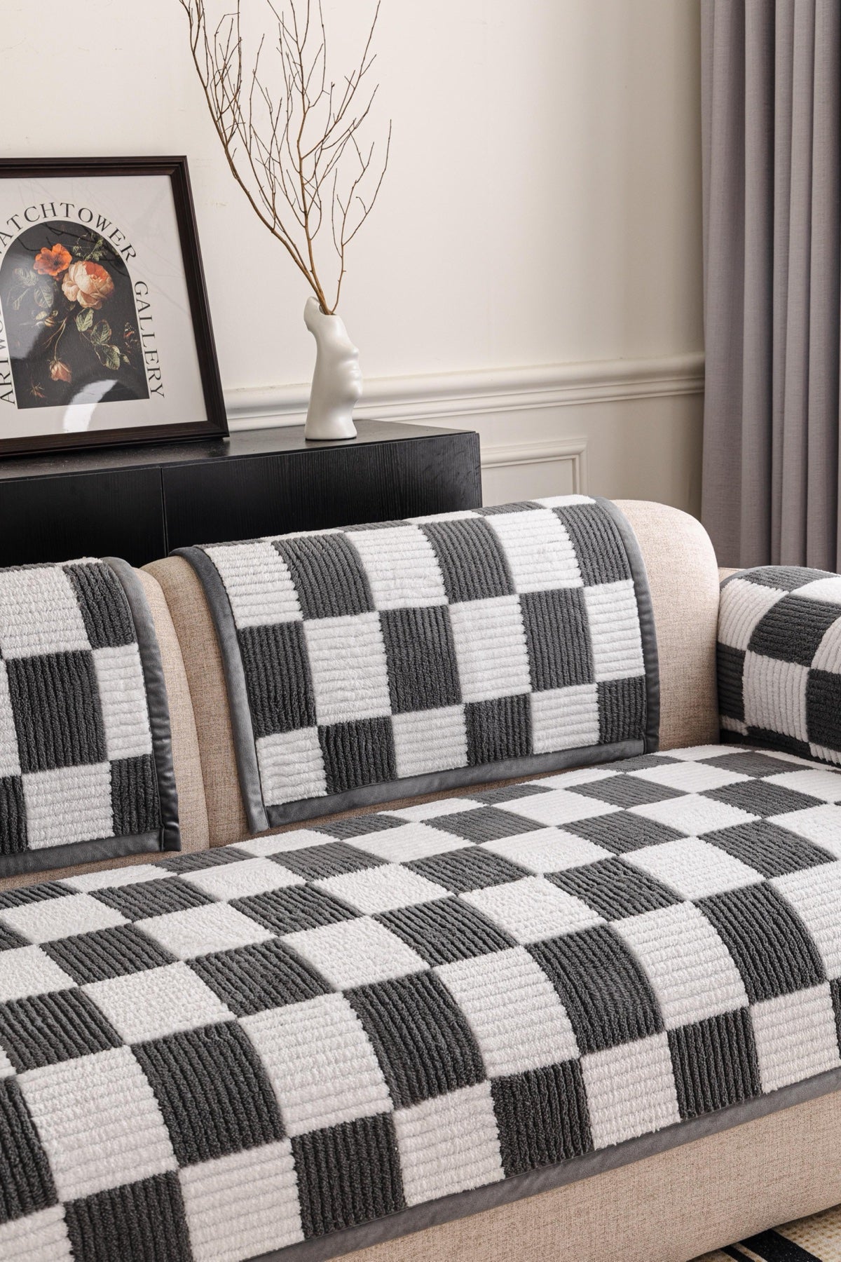 Sofa Decor Palermo Checker Chenille Sofa Cover Piece in Charcoal Cream - seat back and armrest piece layout for checker chenille sofa cover pieces in Australia, image 45