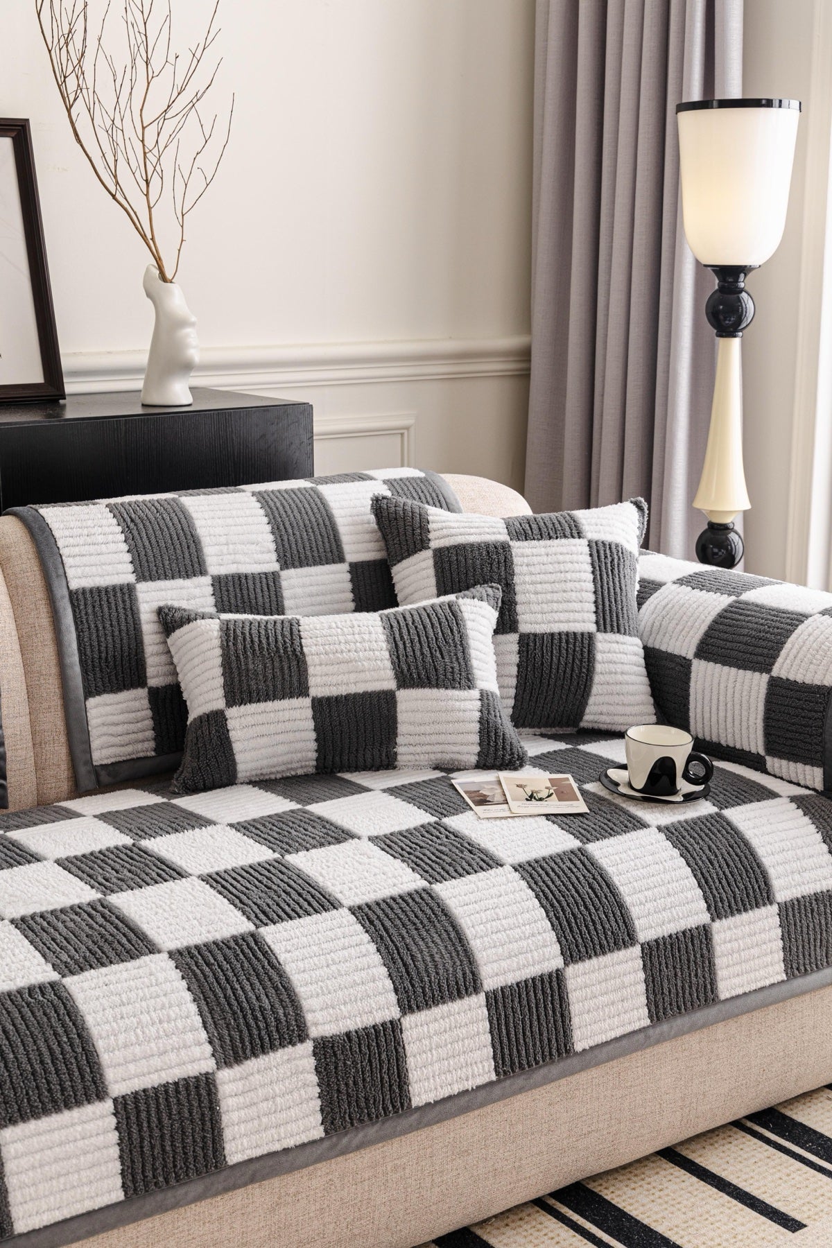 Sofa Decor Palermo Checker Chenille Sofa Cover Piece in Charcoal Cream - seat back and armrest piece layout for checker chenille sofa cover pieces in Australia, image 46