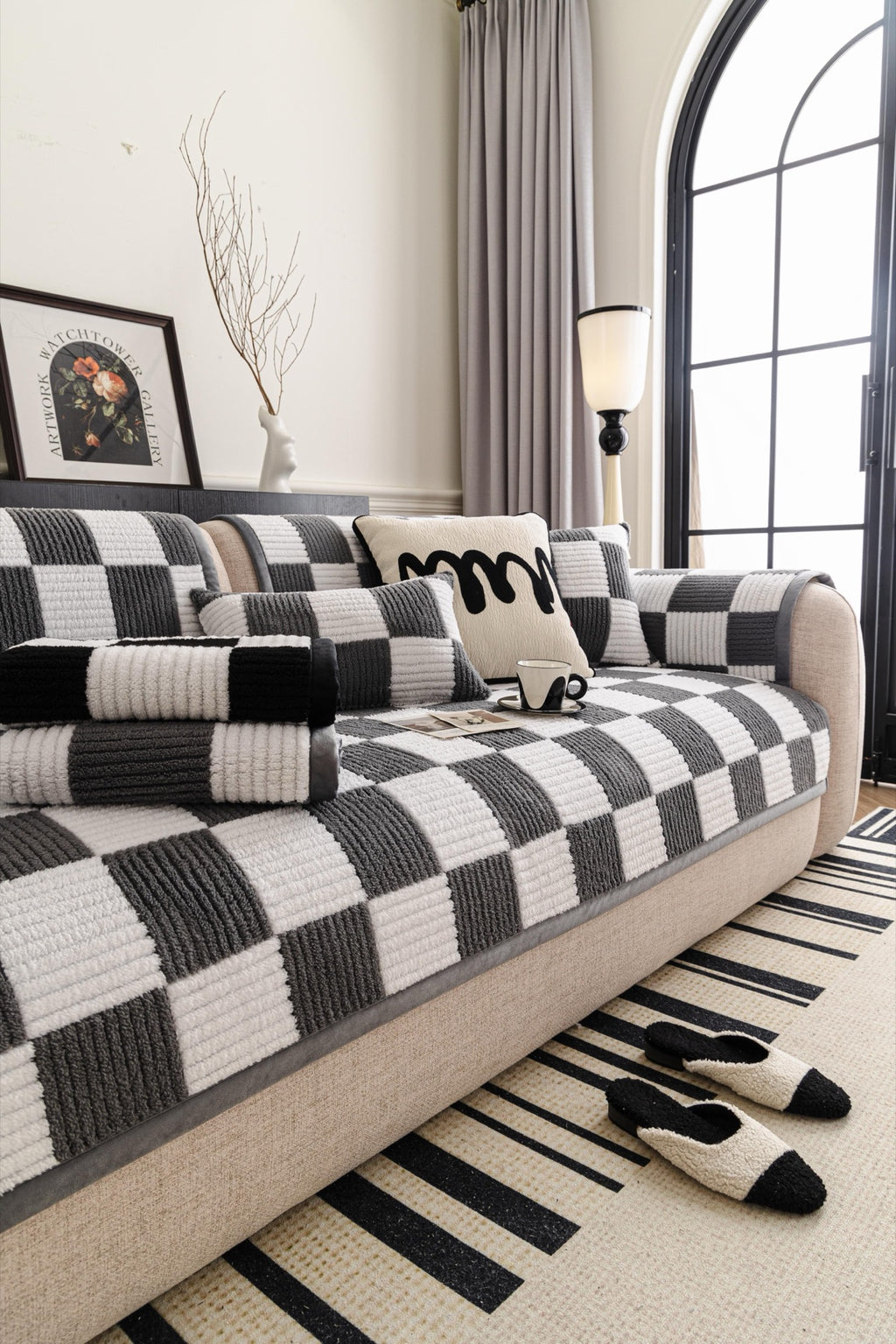 Sofa Decor Palermo Checker Chenille Sofa Cover Piece in Charcoal Cream - styled checker sofa cover piece for checker chenille sofa cover pieces in Australia, image 47