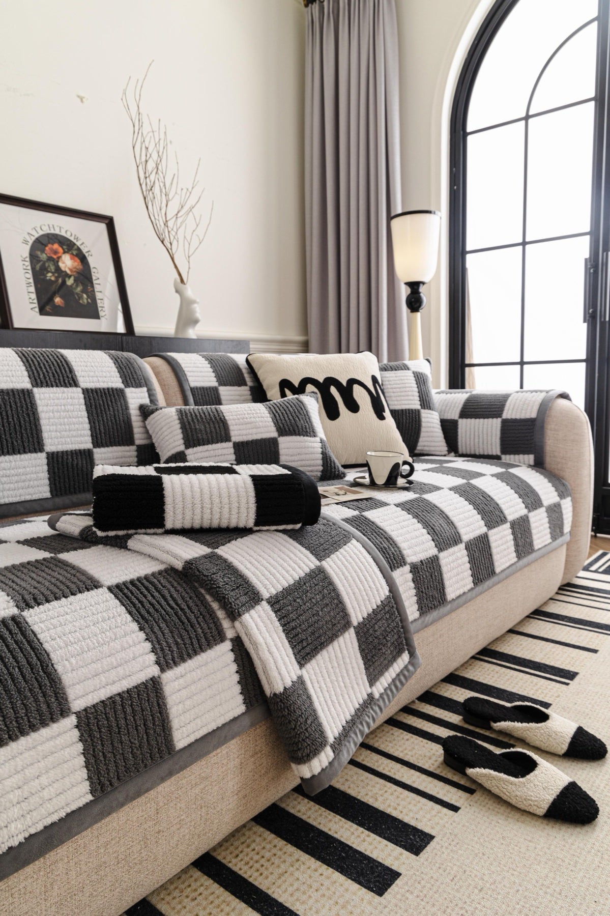 Sofa Decor Palermo Checker Chenille Sofa Cover Piece in Charcoal Cream - layered piece styling view for checker chenille sofa cover pieces in Australia, image 48
