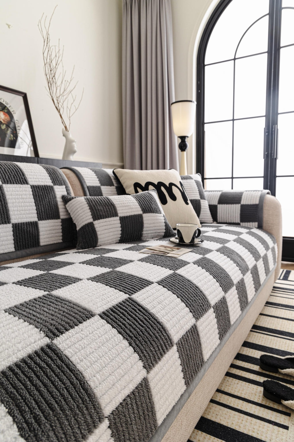 Sofa Decor Palermo Checker Chenille Sofa Cover Piece in Charcoal Cream - styled checker sofa cover piece for checker chenille sofa cover pieces in Australia, image 49