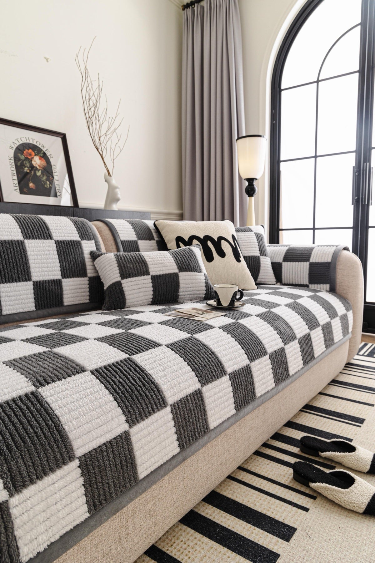 Sofa Decor Palermo Checker Chenille Sofa Cover Piece in Charcoal Cream - styled checker sofa cover piece for checker chenille sofa cover pieces in Australia, image 50