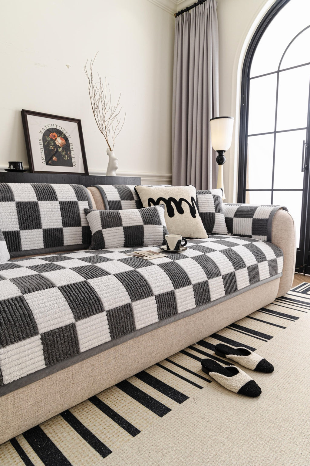 Sofa Decor Palermo Checker Chenille Sofa Cover Piece in Charcoal Cream - styled checker sofa cover piece for checker chenille sofa cover pieces in Australia, image 51