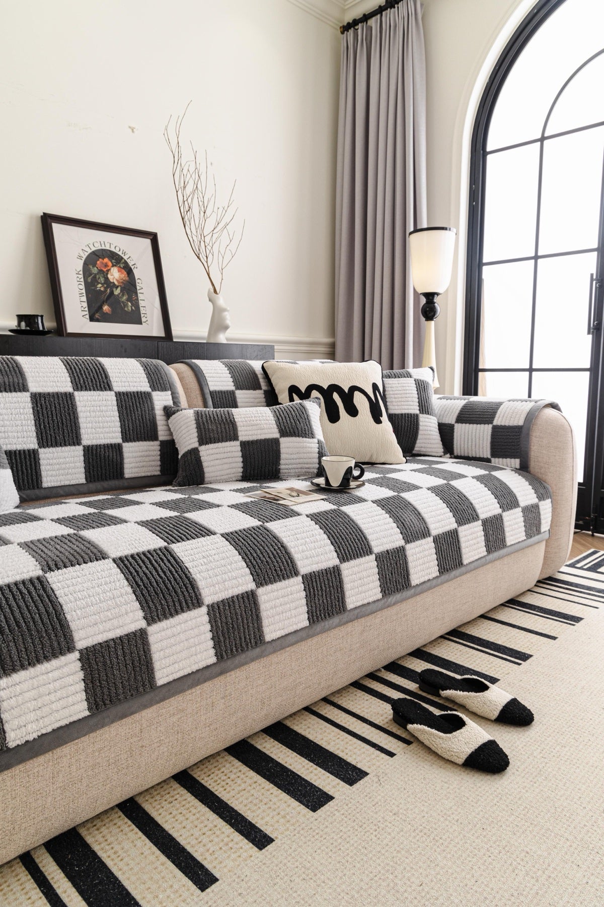 Sofa Decor Palermo Checker Chenille Sofa Cover Piece in Charcoal Cream - styled checker sofa cover piece for checker chenille sofa cover pieces in Australia, image 51