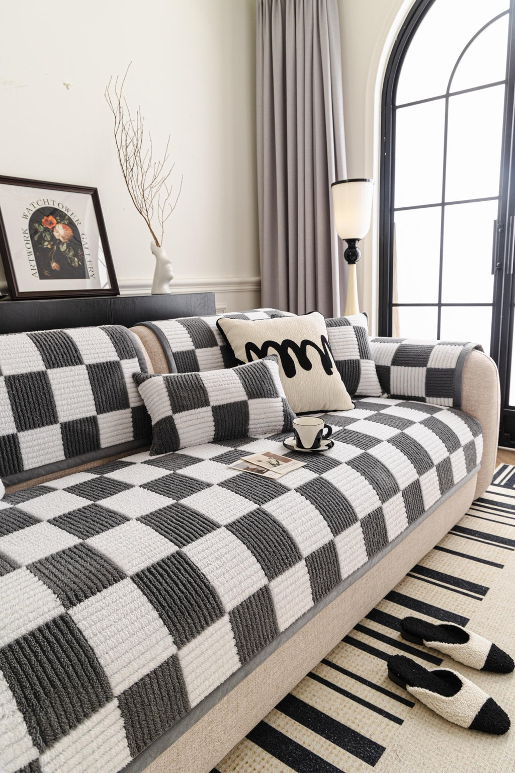 Sofa Decor Palermo Checker Chenille Sofa Cover Piece in Charcoal Cream - styled checker sofa cover piece for checker chenille sofa cover pieces in Australia, image 52