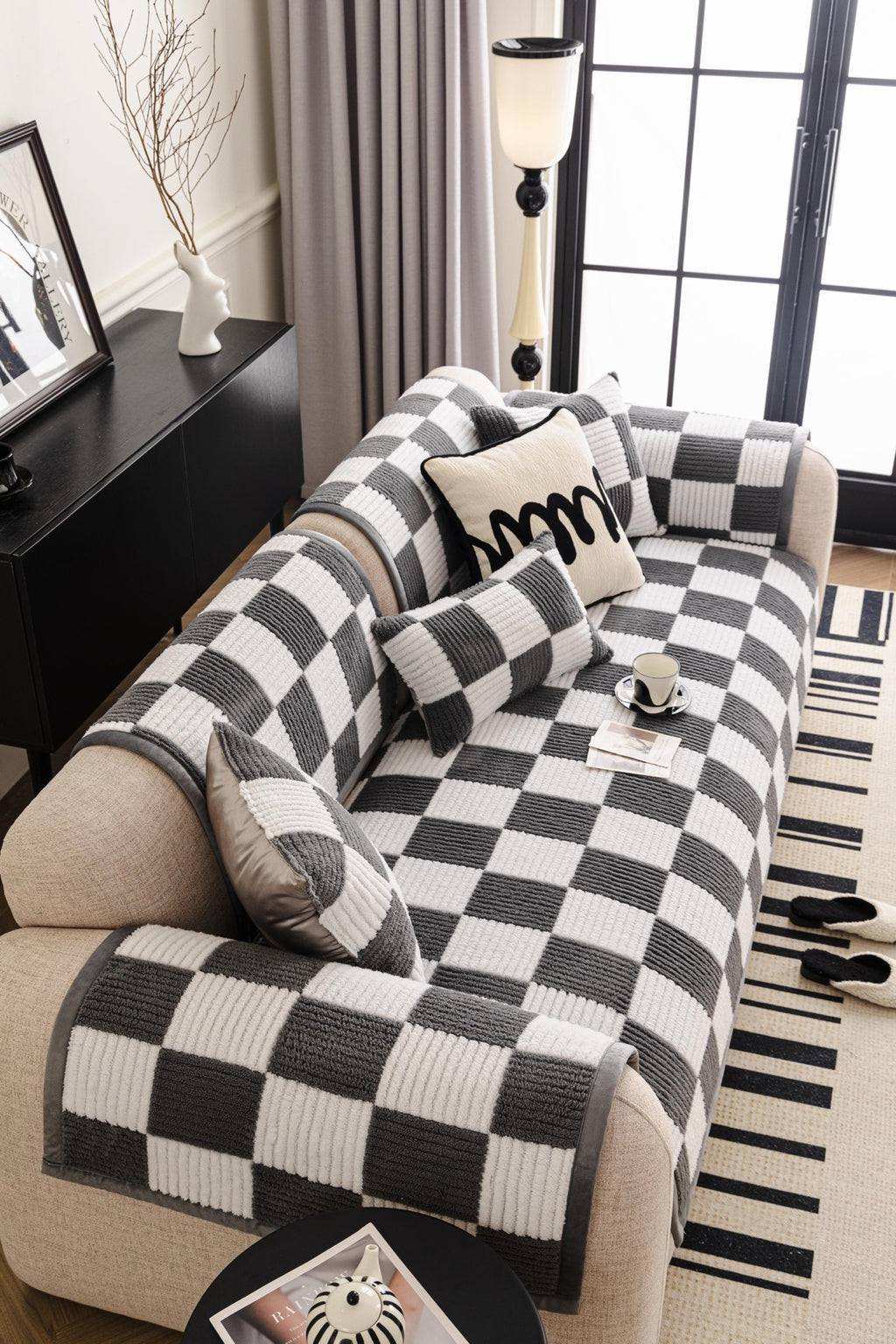 Sofa Decor Palermo Checker Chenille Sofa Cover Piece in Charcoal Cream - styled checker sofa cover piece for checker chenille sofa cover pieces in Australia, image 53