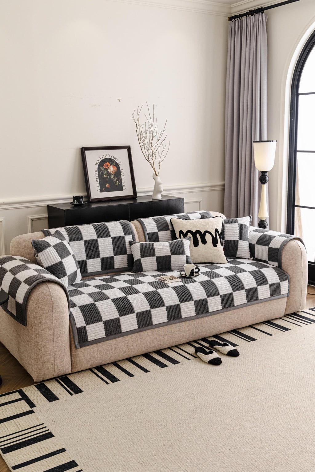 Sofa Decor Palermo Checker Chenille Sofa Cover Piece in Charcoal Cream - styled checker sofa cover piece for checker chenille sofa cover pieces in Australia, image 54