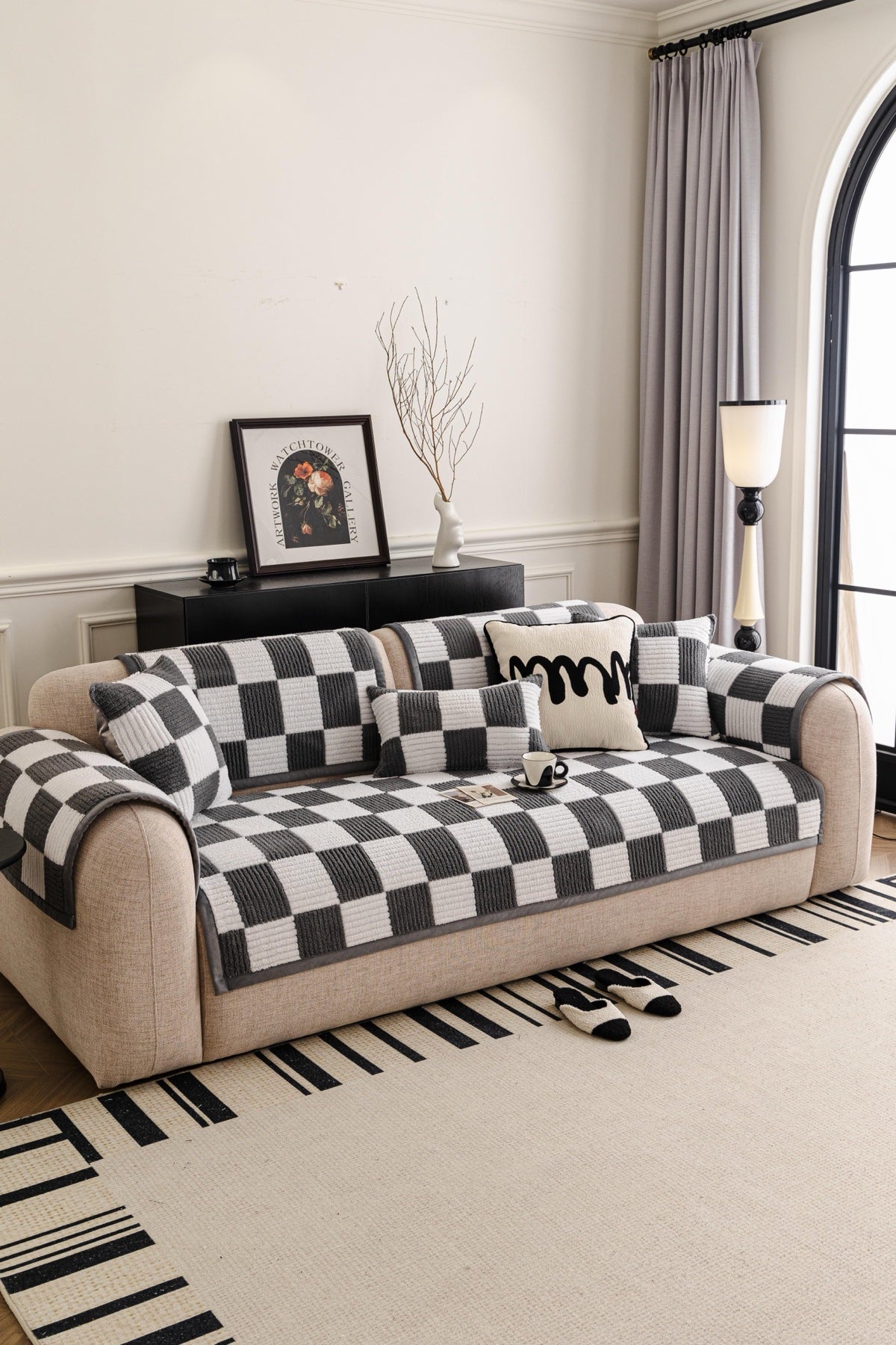 Sofa Decor Palermo Checker Chenille Sofa Cover Piece in Charcoal Cream - styled checker sofa cover piece for checker chenille sofa cover pieces in Australia, image 54