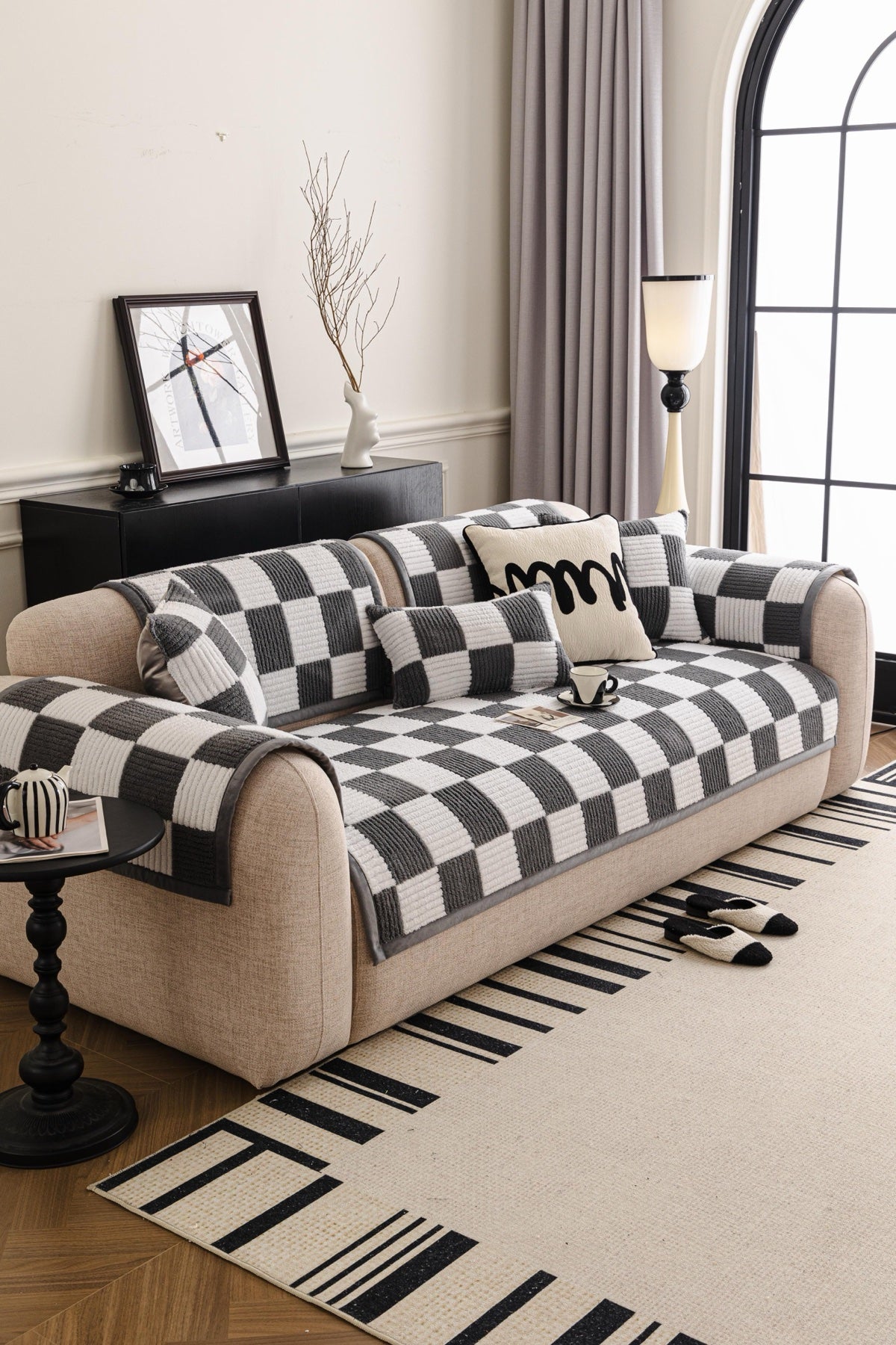 Sofa Decor Palermo Checker Chenille Sofa Cover Piece in Charcoal Cream - front sofa fit view for checker chenille sofa cover pieces in Australia, image 40