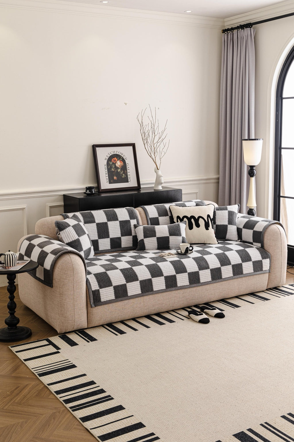 Sofa Decor Palermo Checker Chenille Sofa Cover Piece in Charcoal Cream - styled checker sofa cover piece for checker chenille sofa cover pieces in Australia, image 41