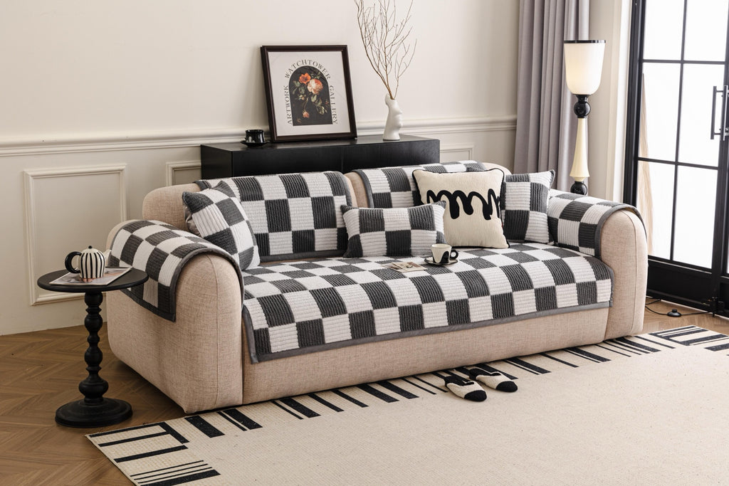 Sofa Decor Palermo Checker Chenille Sofa Cover Piece in Charcoal Cream - styled checker sofa cover piece for checker chenille sofa cover pieces in Australia, image 42
